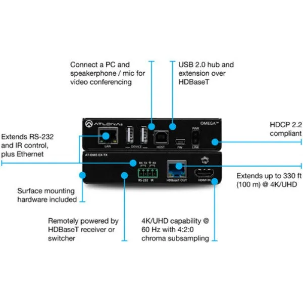 ATLONA AT-OME-EX-TX 4K/UHD HDMI/USB over HDBaseT Transmitter