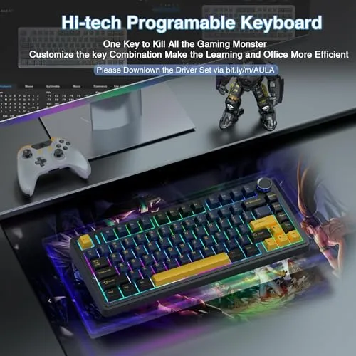 AULA F75 75% Wireless Mechanical Keyboard,Gasket Hot Swappable Custom Keyboard,Pre-lubed Greywood Switches RGB Backlit Gaming Keyboard,2.4GHz/Type-C/BT5.0 Mechanical Keyboard (Cool Black)
