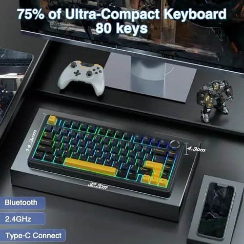 AULA F75 75% Wireless Mechanical Keyboard,Gasket Hot Swappable Custom Keyboard,Pre-lubed Greywood Switches RGB Backlit Gaming Keyboard,2.4GHz/Type-C/BT5.0 Mechanical Keyboard (Cool Black)