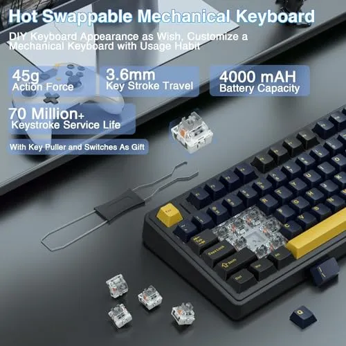 AULA F75 75% Wireless Mechanical Keyboard,Gasket Hot Swappable Custom Keyboard,Pre-lubed Greywood Switches RGB Backlit Gaming Keyboard,2.4GHz/Type-C/BT5.0 Mechanical Keyboard (Cool Black)