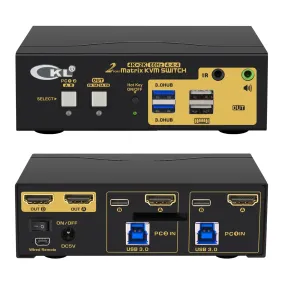 CKL 2x2 Matrix USB Type C  HDMI KVM Switch Dual Monitor USB 3.0 4K 60Hz, PC Monitor Keyboard Mouse Peripherals Sharing Box with Cables for 2 Computers or Laptops CKL-622TH-M