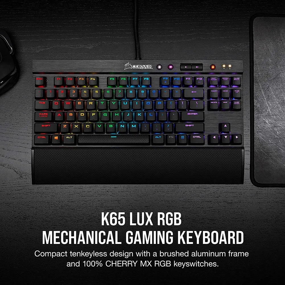 Corsair Keyboard K65 LUX RGB Compact Mechanical Keyboard - USB Passthrough & Media Controls - Linear & Quiet - Cherry MX Red - RGB LED Backlit