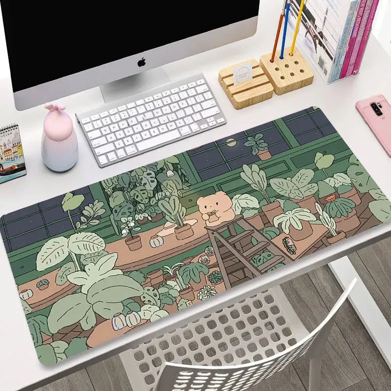 Cozy Bear Nightime Green Aesthetic Large Gaming Desk Mat Mousepad S-XXL
