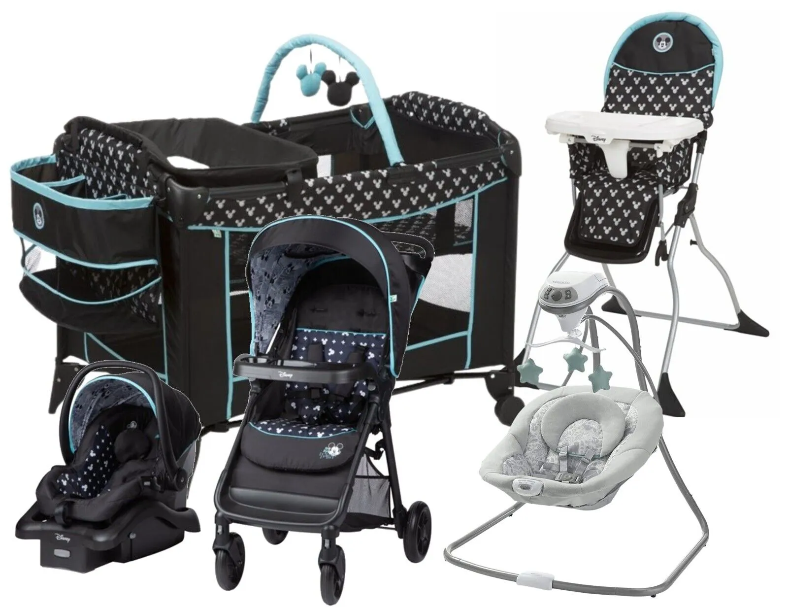 Disney Baby Mickey Mouse with Car Seat Playard Swing High Chair Combo Set Blue