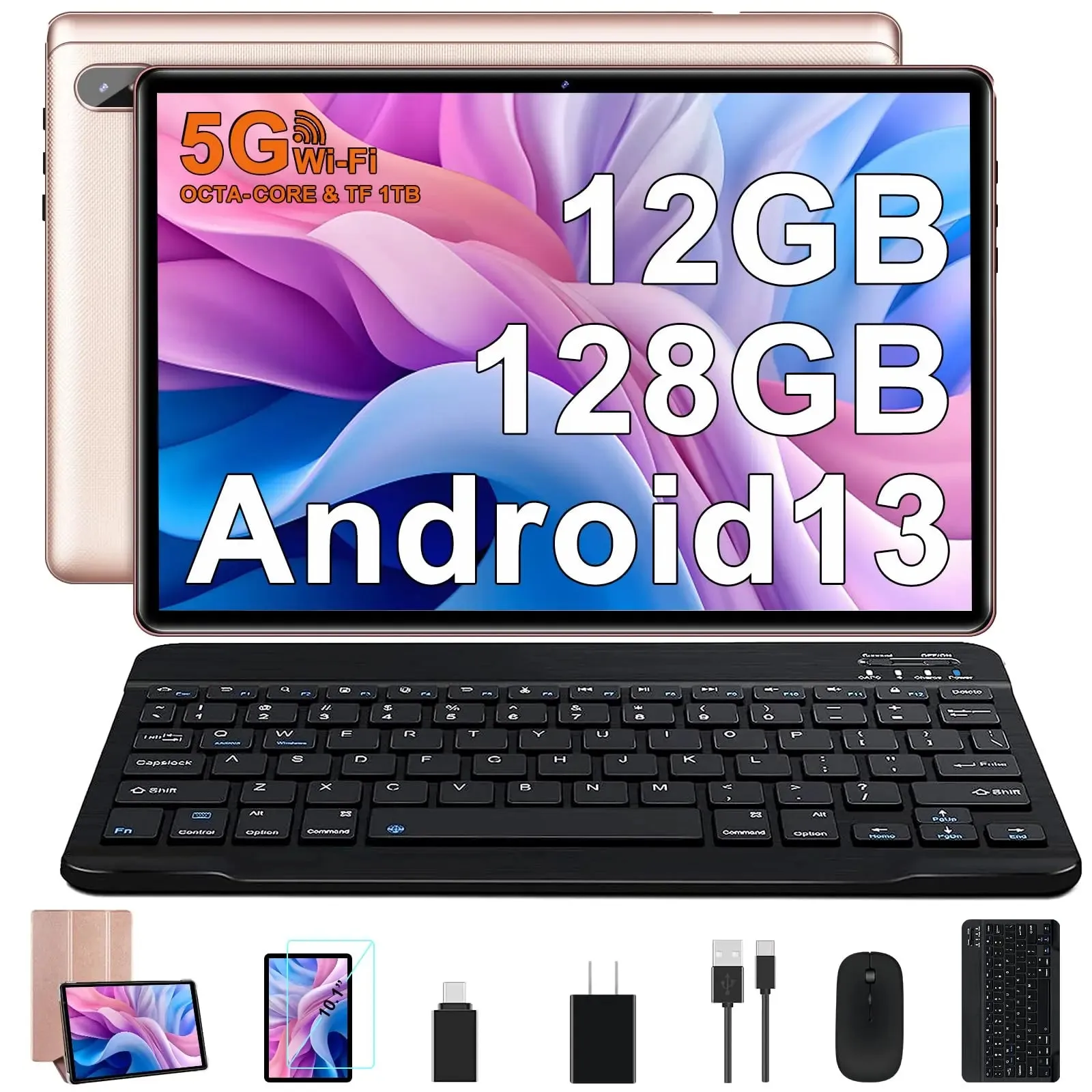 FACETEL Tablet 10 inch Android 13 Tablet Octa-Core 2.0 GHz with 12GB RAM 128GB ROM, 5G WiFi, 6000mAh, HD IPS Touchscreen, Bluetooth 5.0, 1280 * 800, 5 8 MP Newest Tablet with Keyboard Mouse - Silver
