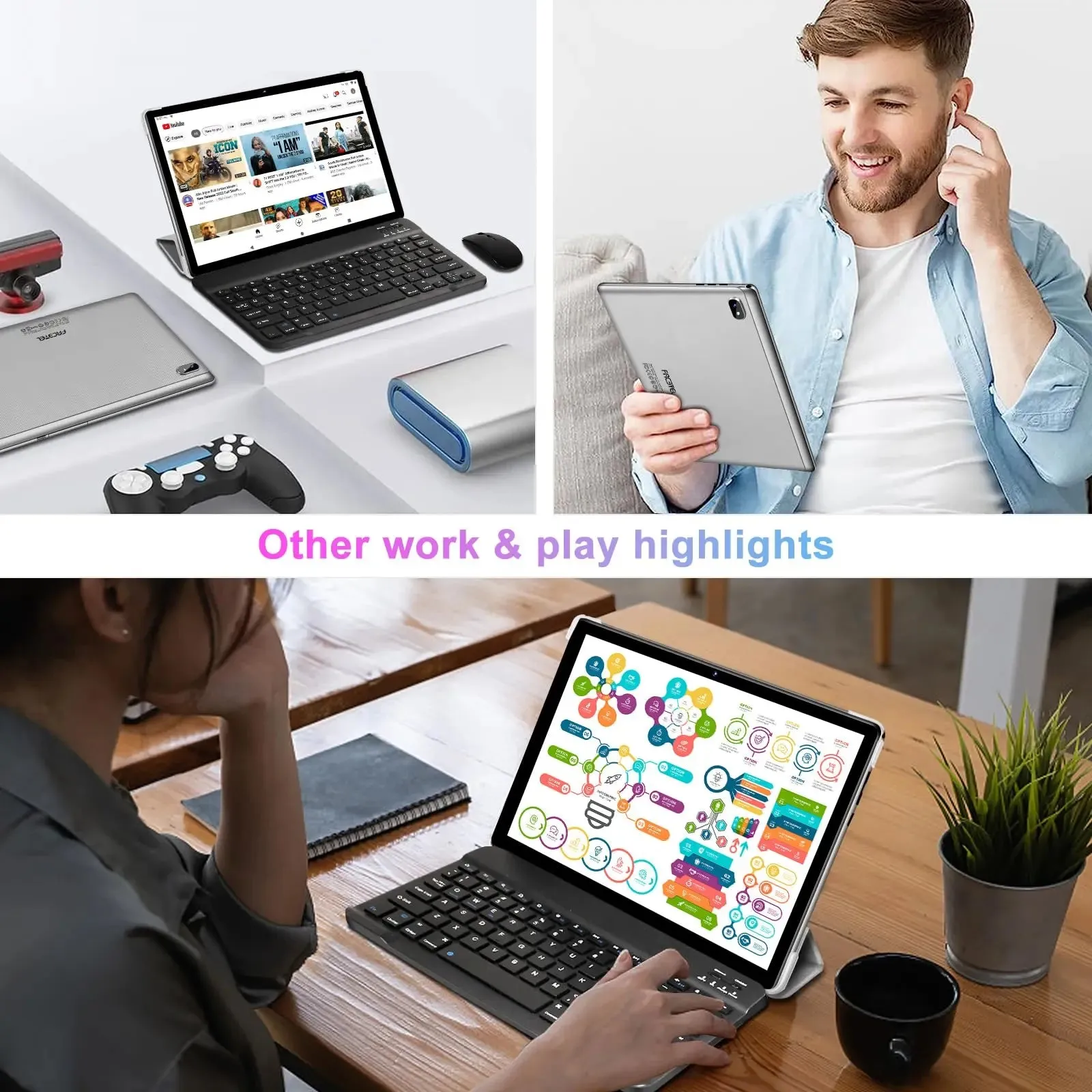 FACETEL Tablet 10 inch Android 13 Tablet Octa-Core 2.0 GHz with 12GB RAM 128GB ROM, 5G WiFi, 6000mAh, HD IPS Touchscreen, Bluetooth 5.0, 1280 * 800, 5 8 MP Newest Tablet with Keyboard Mouse - Silver