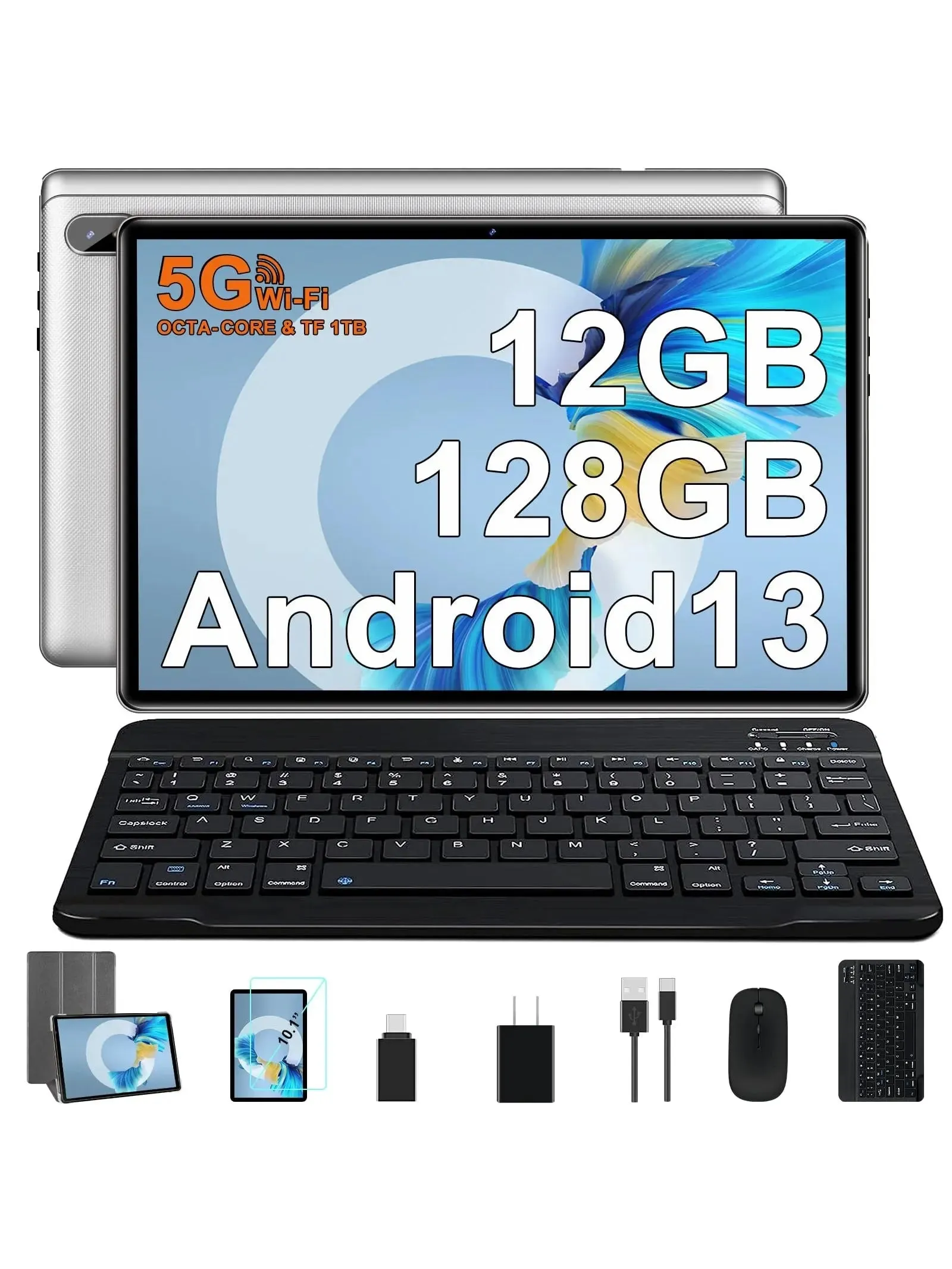 FACETEL Tablet 10 inch Android 13 Tablet Octa-Core 2.0 GHz with 12GB RAM 128GB ROM, 5G WiFi, 6000mAh, HD IPS Touchscreen, Bluetooth 5.0, 1280 * 800, 5 8 MP Newest Tablet with Keyboard Mouse - Silver