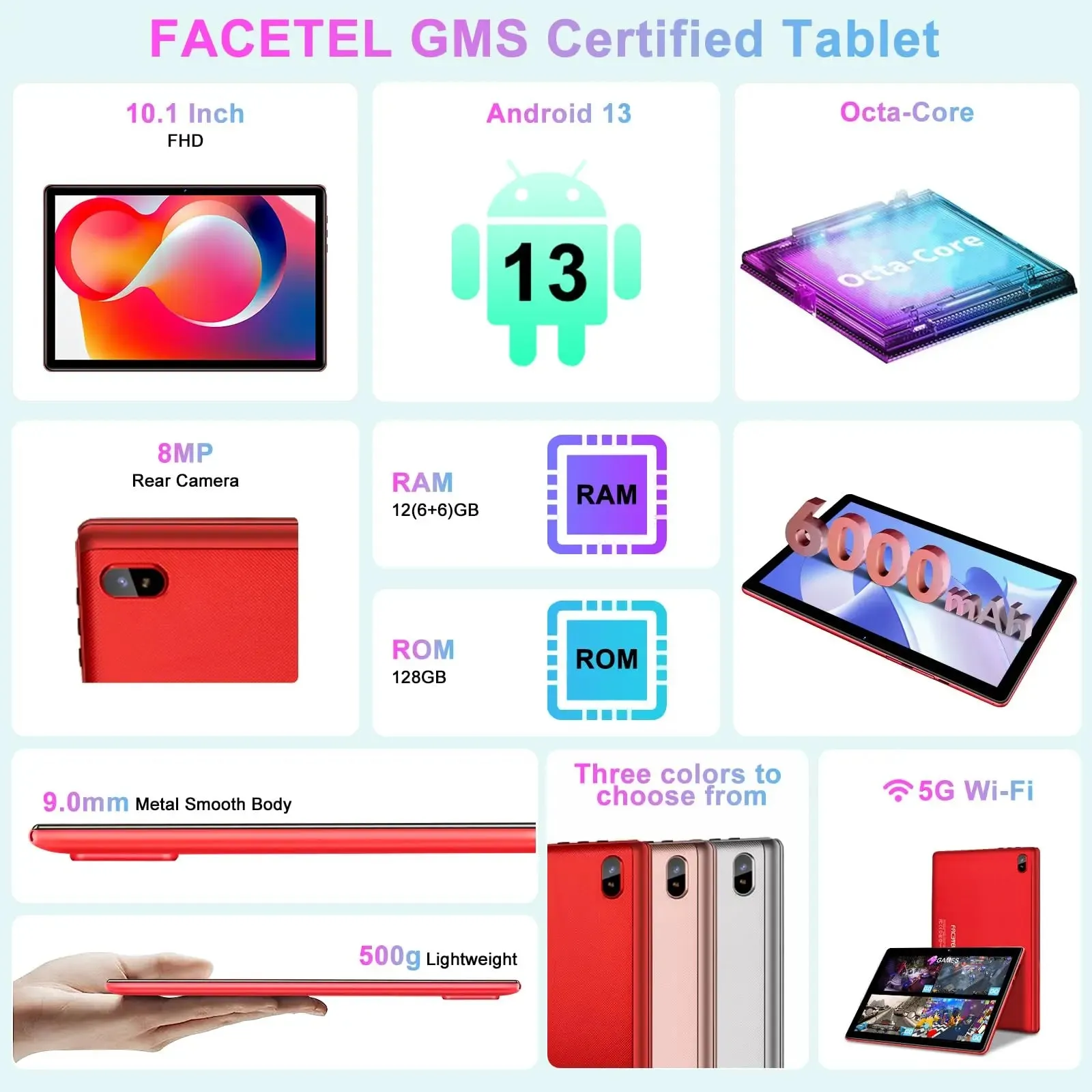 FACETEL Tablet 10 inch Android 13 Tablet Octa-Core 2.0 GHz with 12GB RAM 128GB ROM, 5G WiFi, 6000mAh, HD IPS Touchscreen, Bluetooth 5.0, 1280 * 800, 5 8 MP Newest Tablet with Keyboard Mouse - Silver