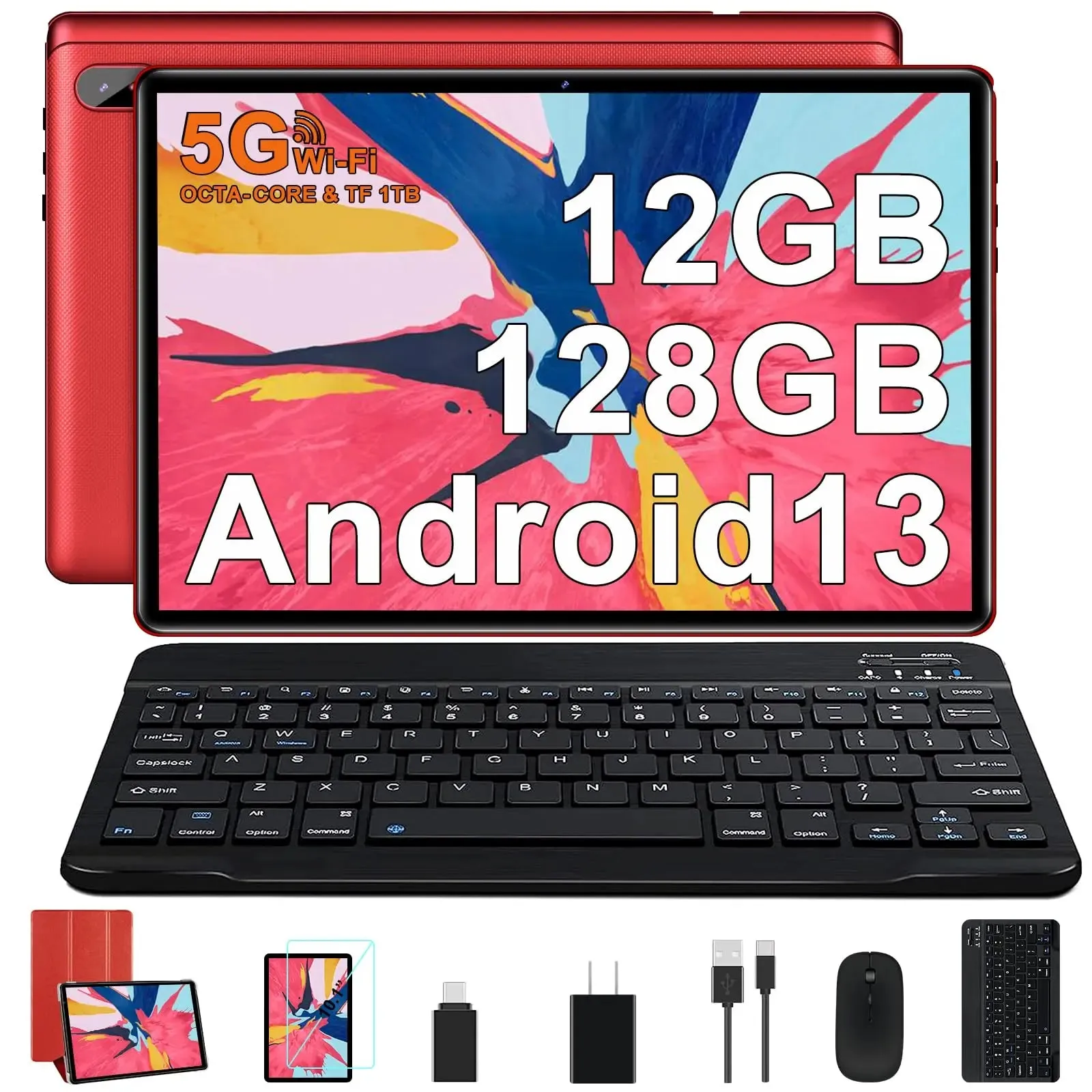 FACETEL Tablet 10 inch Android 13 Tablet Octa-Core 2.0 GHz with 12GB RAM 128GB ROM, 5G WiFi, 6000mAh, HD IPS Touchscreen, Bluetooth 5.0, 1280 * 800, 5 8 MP Newest Tablet with Keyboard Mouse - Silver