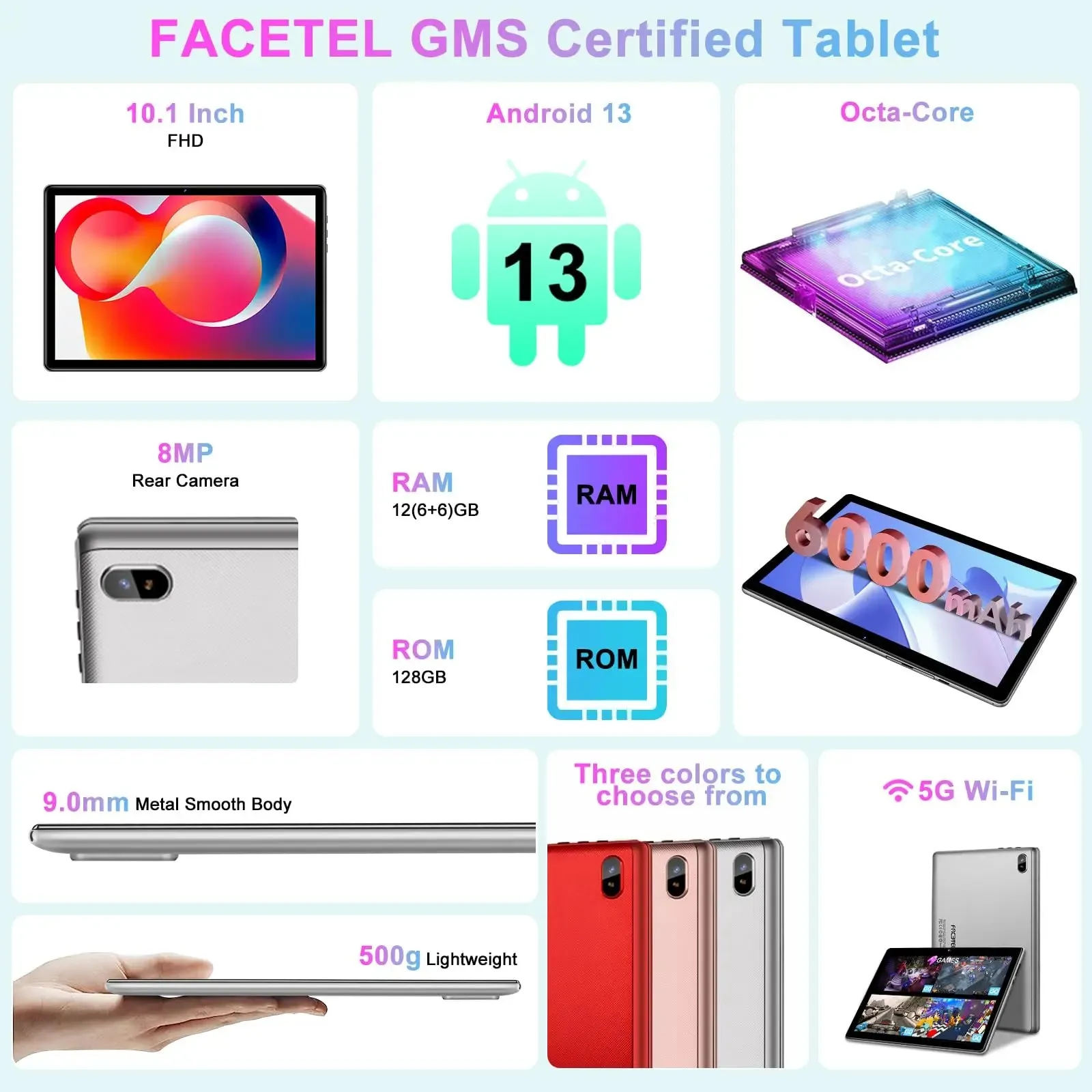 FACETEL Tablet 10 inch Android 13 Tablet Octa-Core 2.0 GHz with 12GB RAM 128GB ROM, 5G WiFi, 6000mAh, HD IPS Touchscreen, Bluetooth 5.0, 1280 * 800, 5 8 MP Newest Tablet with Keyboard Mouse - Silver