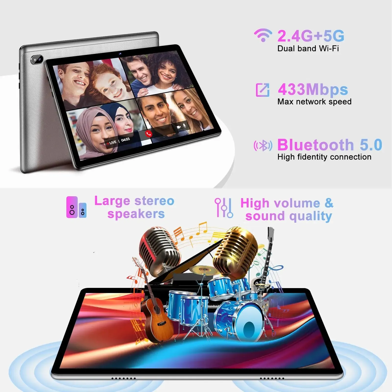 FACETEL Tablet 10 inch Android 13 Tablet Octa-Core 2.0 GHz with 12GB RAM 128GB ROM, 5G WiFi, 6000mAh, HD IPS Touchscreen, Bluetooth 5.0, 1280 * 800, 5 8 MP Newest Tablet with Keyboard Mouse - Silver