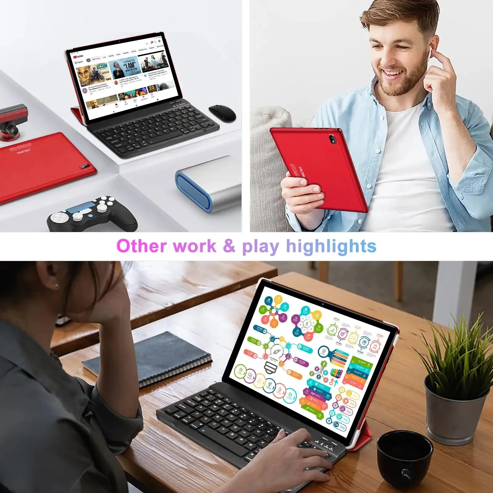 FACETEL Tablet 10 inch Android 13 Tablet Octa-Core 2.0 GHz with 12GB RAM 128GB ROM, 5G WiFi, 6000mAh, HD IPS Touchscreen, Bluetooth 5.0, 1280 * 800, 5 8 MP Newest Tablet with Keyboard Mouse - Silver