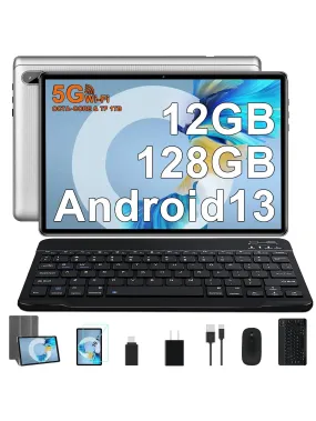 FACETEL Tablet 10 inch Android 13 Tablet Octa-Core 2.0 GHz with 12GB RAM 128GB ROM, 5G WiFi, 6000mAh, HD IPS Touchscreen, Bluetooth 5.0, 1280 * 800, 5 8 MP Newest Tablet with Keyboard Mouse - Silver