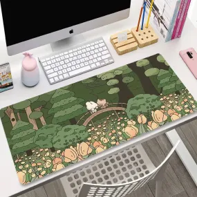 Forest Bridge Cozy Green Aesthetic Large Gaming Desk Mat Mousepad S-XXL