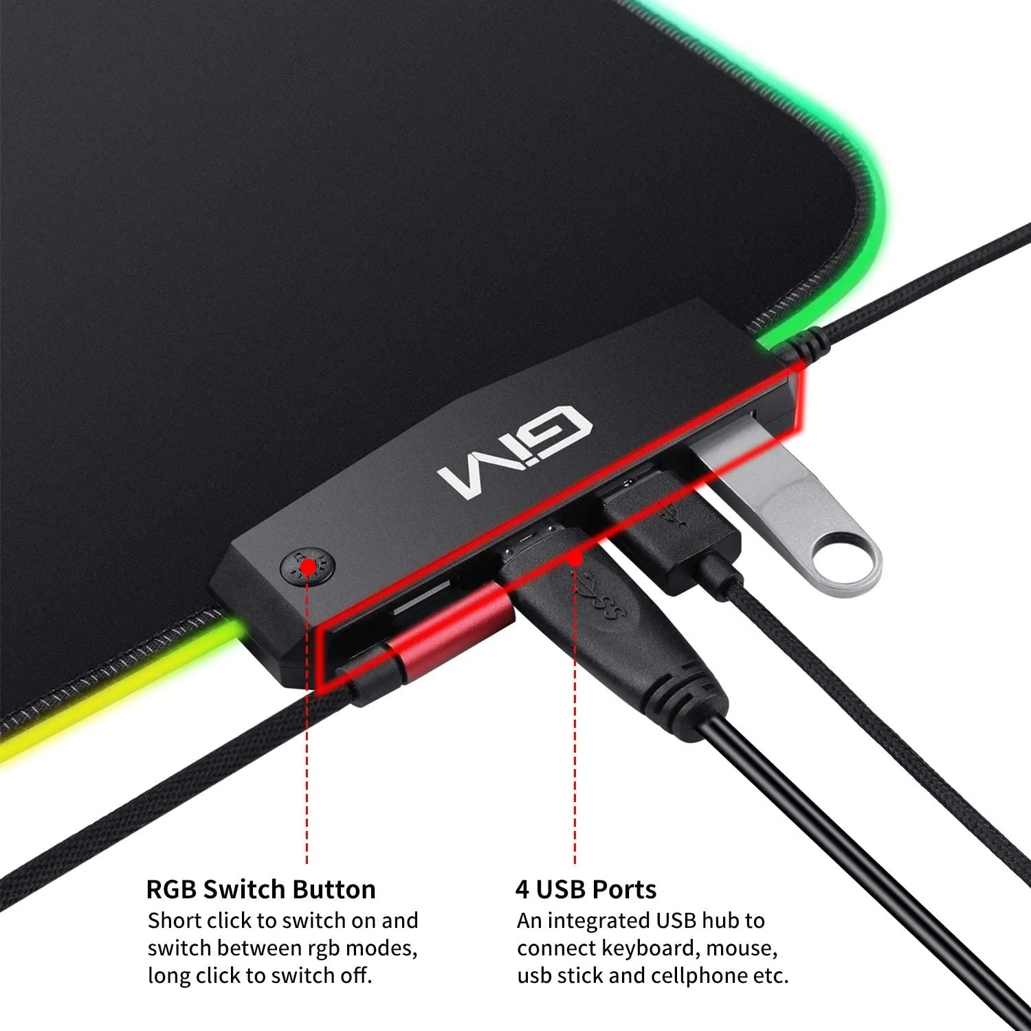 GIM RGB Gaming Mouse Pad, 800 x 300 x 5mm, ,4 USB Port, 14 Lighting Modes, 5mm Ultra Thick