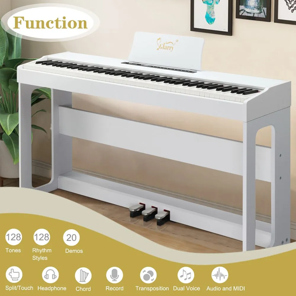 Glarry GDP-104 88 Keys Full Weighted Keyboards Digital Piano with Furniture Stand, Power Adapter, Triple Pedals, Headphone, for All Experience Levels White