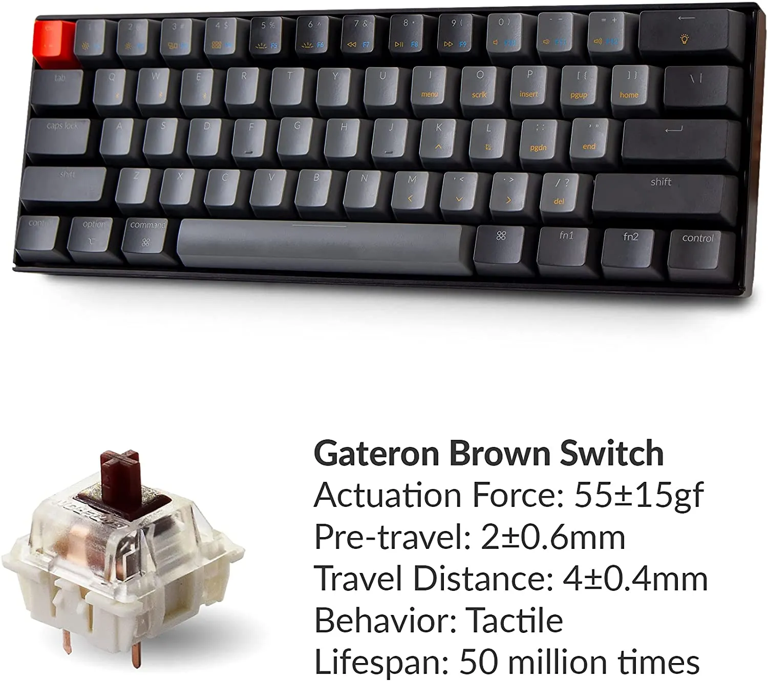 Keychron K12 60% Layout  with White LED Backlight N-Key Rollover, Compact 61 Keys Computer Keyboard (Gateron Brown Switch) (K12B3)