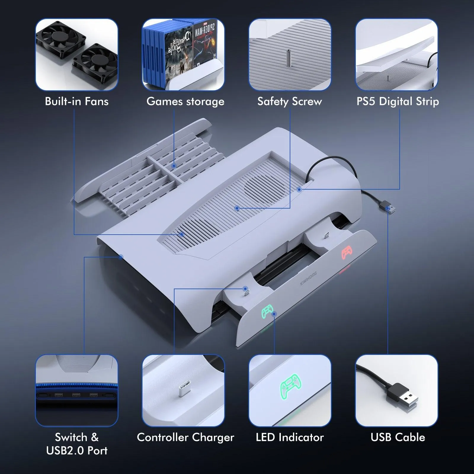 Kiwihome RGB Cooling Stand With Dual Controller Charger For PS5 (PB01/WHITE/HJT-422)