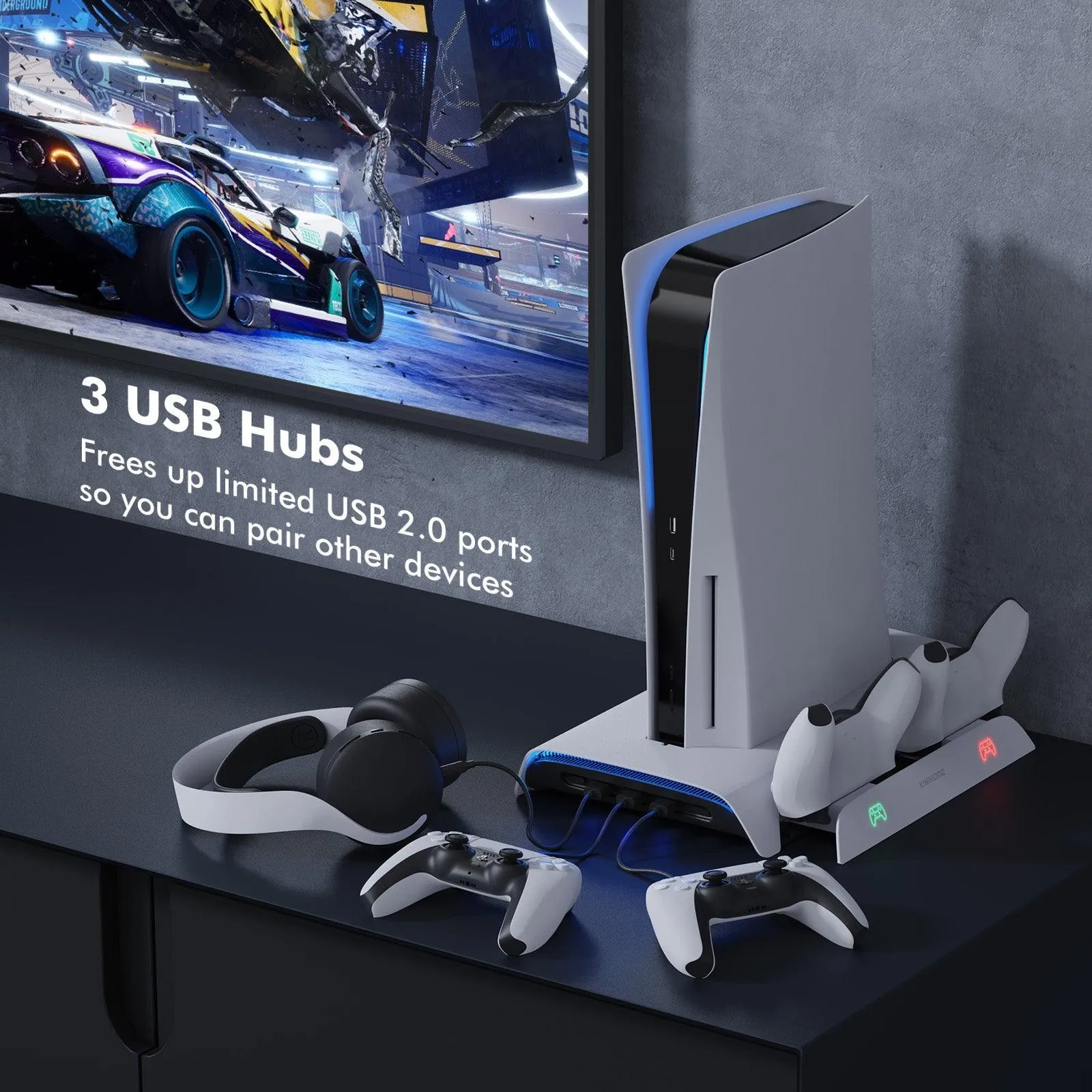 Kiwihome RGB Cooling Stand With Dual Controller Charger For PS5 (PB01/WHITE/HJT-422)