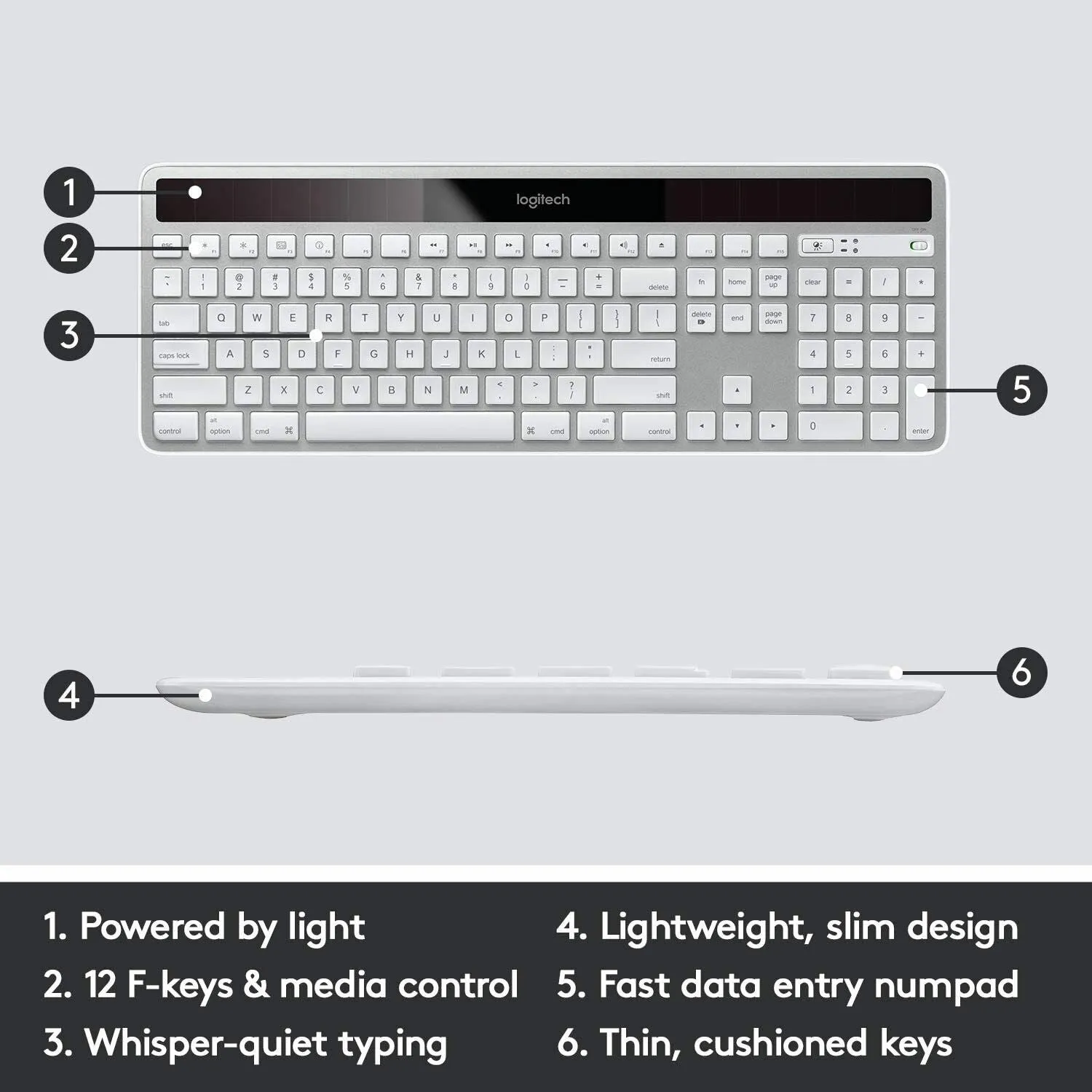 Logitech K750 Wireless Solar Recharging Slim Keyboard for Mac 920-003677, Silver