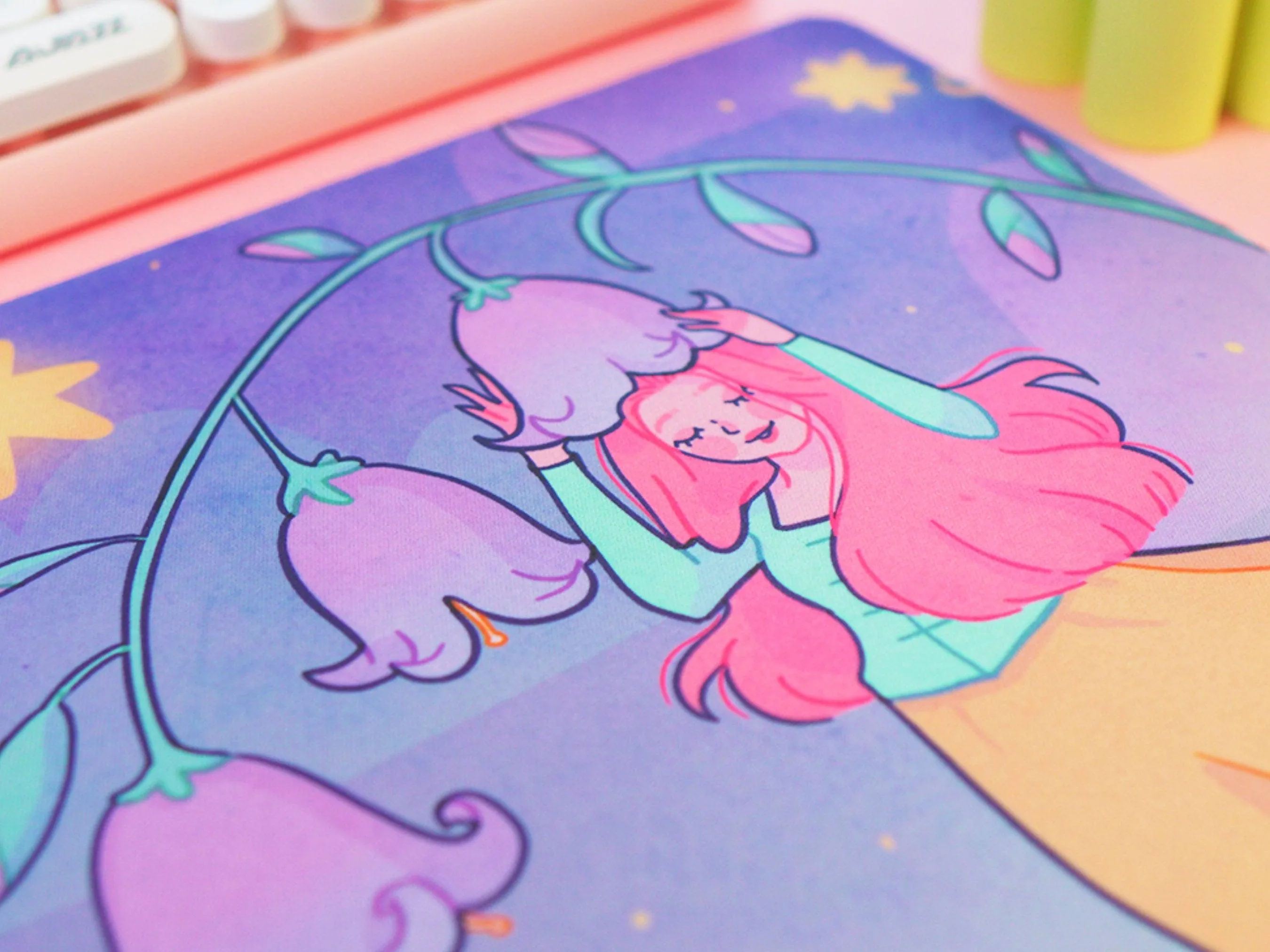 Magical Girl in Bluebells | Kawaii Mouse Pad | Whimsical Desk Mat | Cute Floral Gaming Mat | Aesthetic Pastel Desk Decor