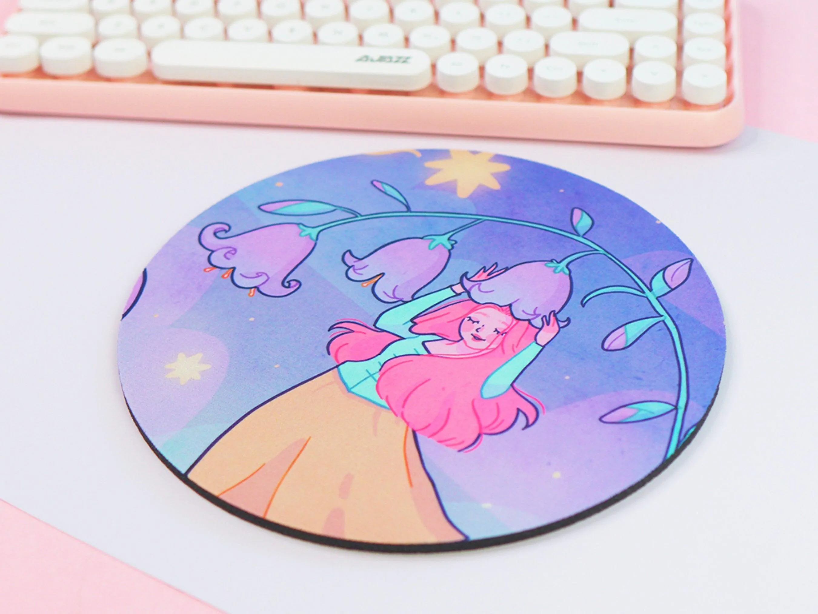 Magical Girl in Bluebells | Kawaii Mouse Pad | Whimsical Desk Mat | Cute Floral Gaming Mat | Aesthetic Pastel Desk Decor