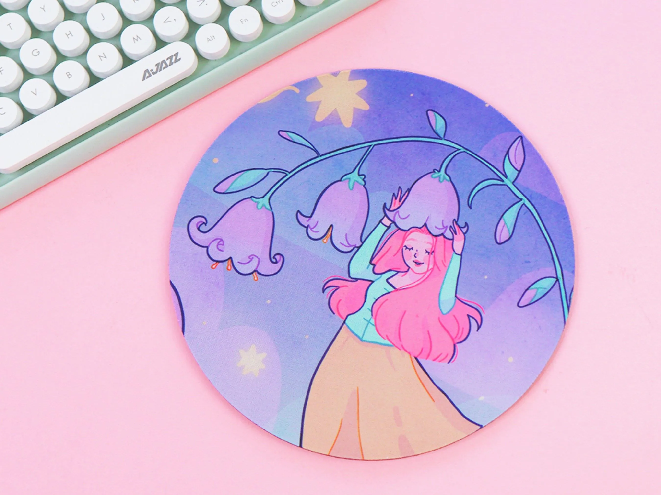 Magical Girl in Bluebells | Kawaii Mouse Pad | Whimsical Desk Mat | Cute Floral Gaming Mat | Aesthetic Pastel Desk Decor