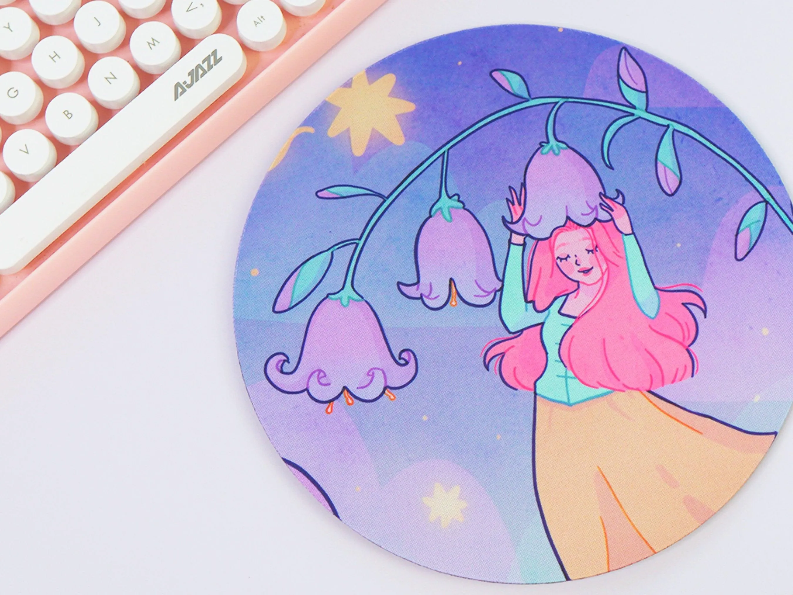 Magical Girl in Bluebells | Kawaii Mouse Pad | Whimsical Desk Mat | Cute Floral Gaming Mat | Aesthetic Pastel Desk Decor