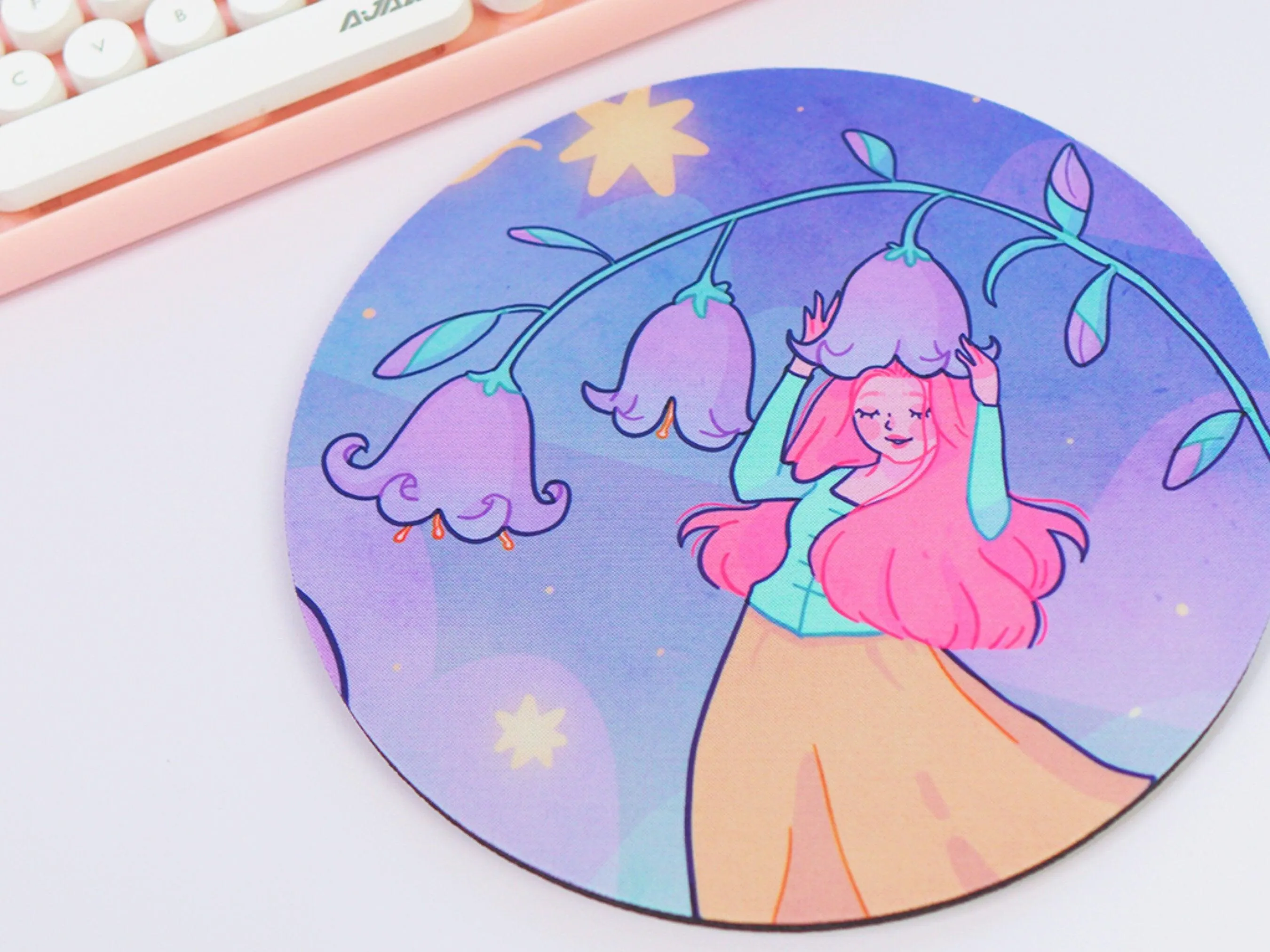 Magical Girl in Bluebells | Kawaii Mouse Pad | Whimsical Desk Mat | Cute Floral Gaming Mat | Aesthetic Pastel Desk Decor