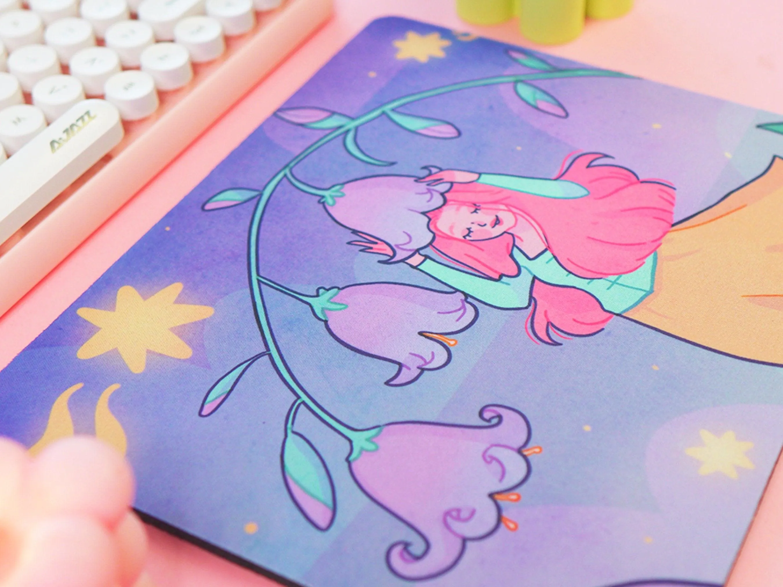 Magical Girl in Bluebells | Kawaii Mouse Pad | Whimsical Desk Mat | Cute Floral Gaming Mat | Aesthetic Pastel Desk Decor