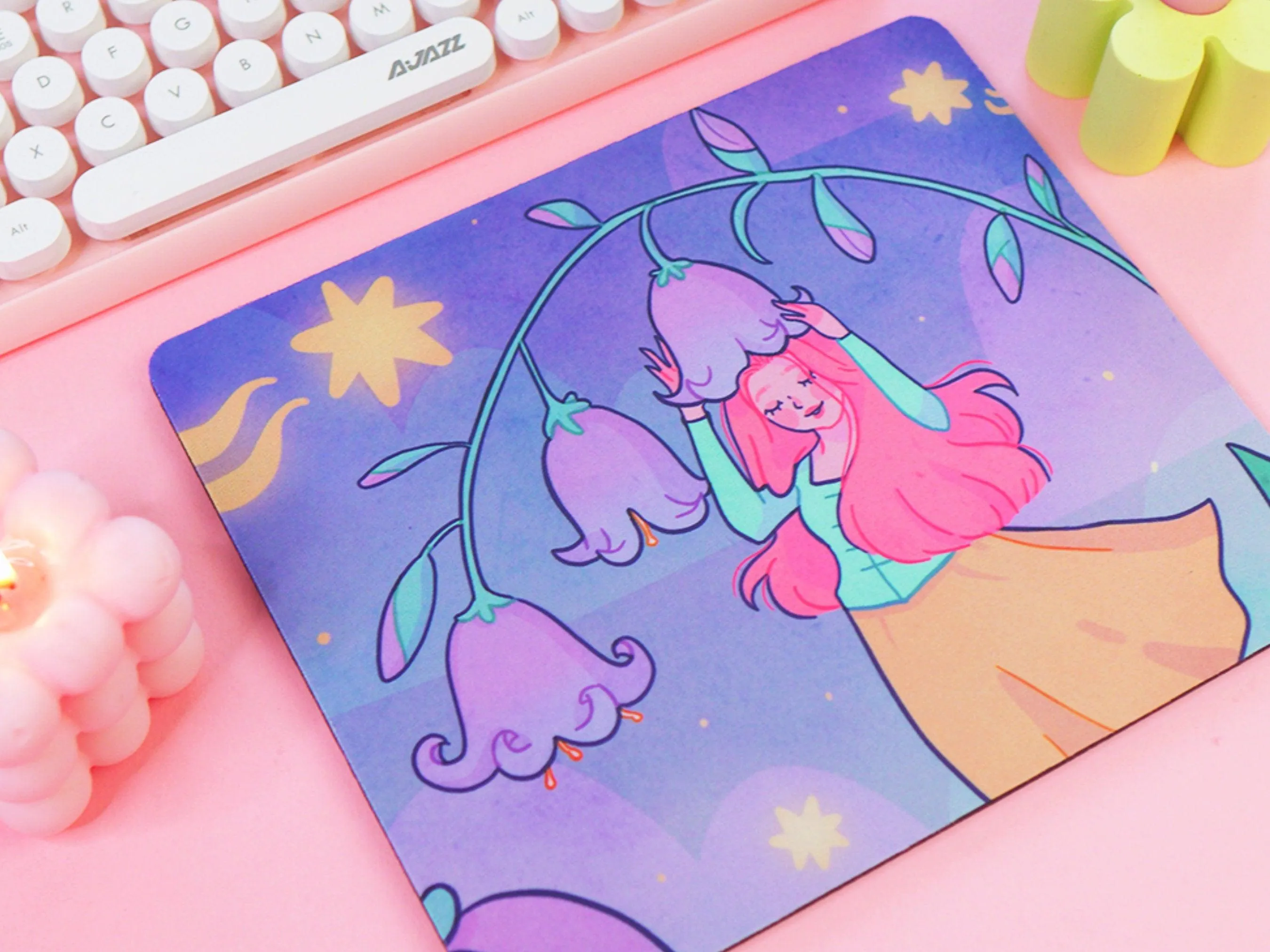 Magical Girl in Bluebells | Kawaii Mouse Pad | Whimsical Desk Mat | Cute Floral Gaming Mat | Aesthetic Pastel Desk Decor