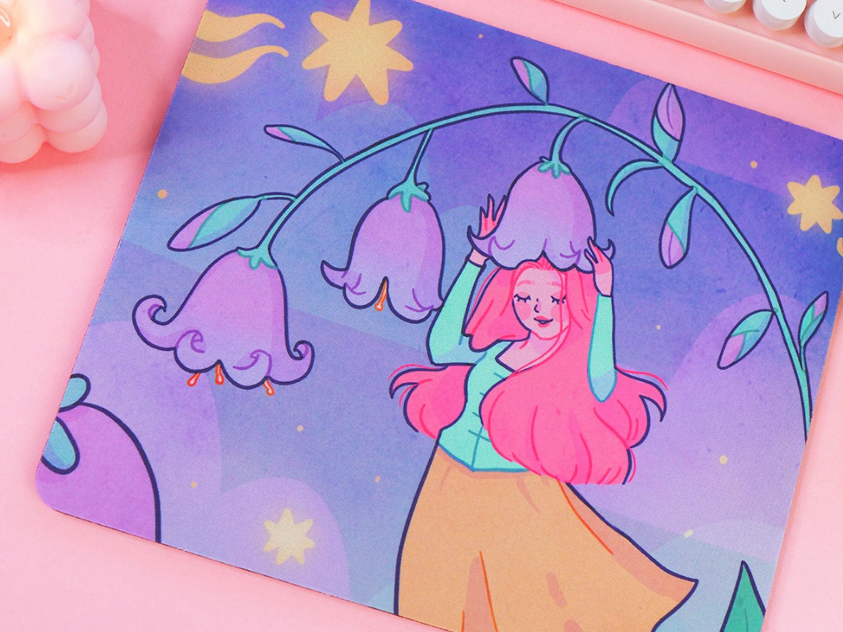 Magical Girl in Bluebells | Kawaii Mouse Pad | Whimsical Desk Mat | Cute Floral Gaming Mat | Aesthetic Pastel Desk Decor