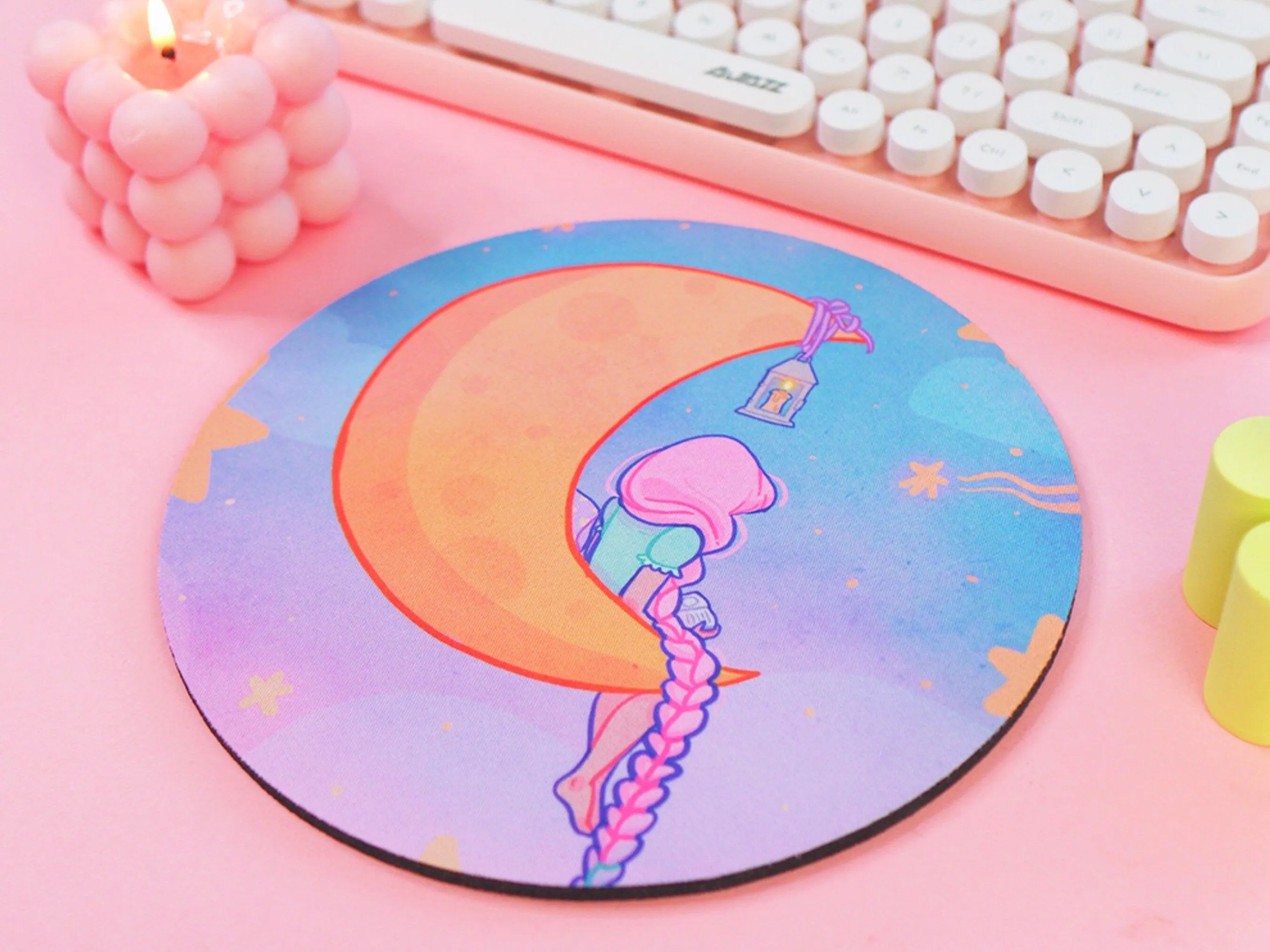Magical Girl Kawaii Mouse Mat – Pastel Crescent Moon & Stars Desk Pad | Cute Aesthetic Bookish Gaming & Office Accessory