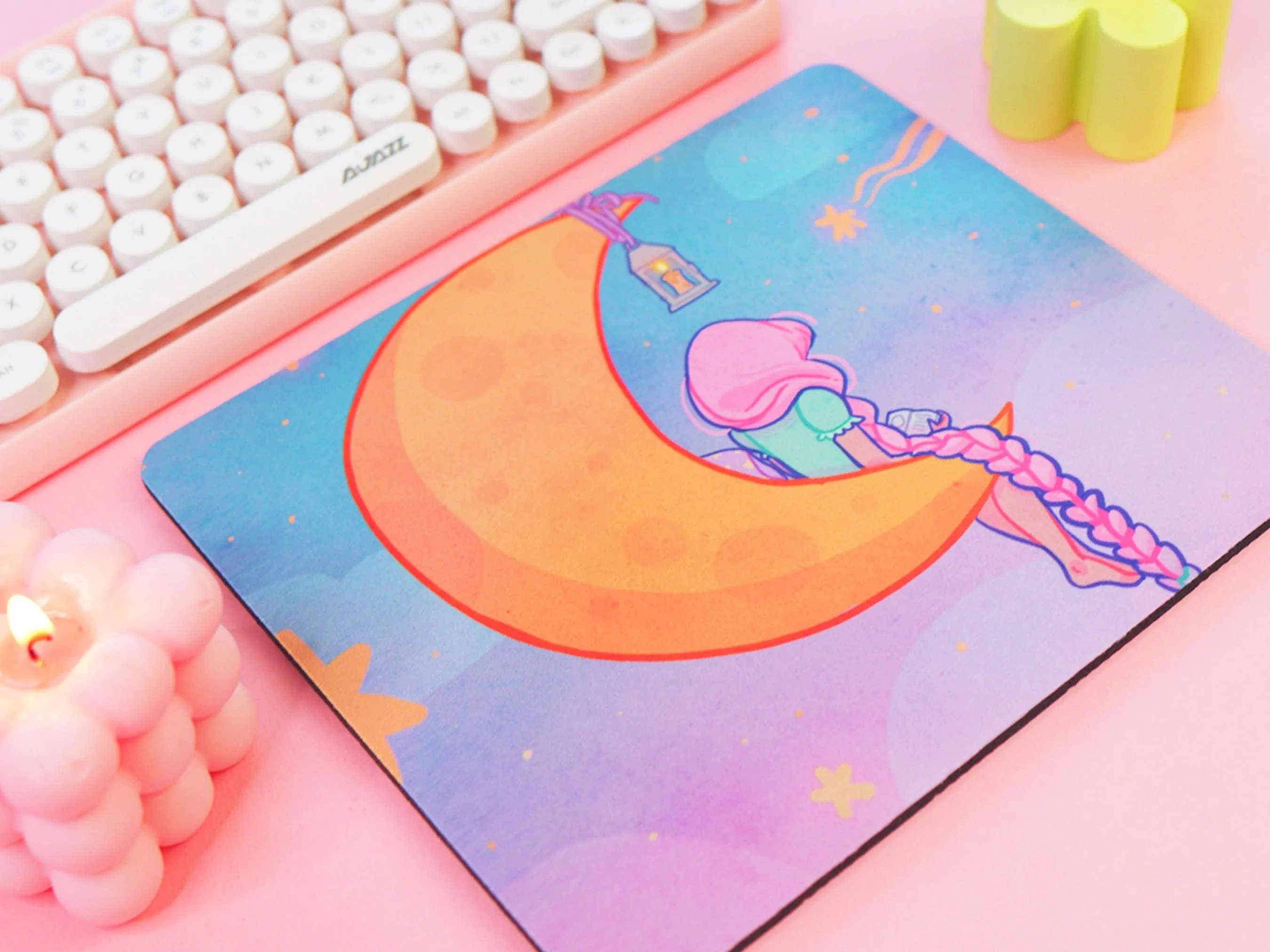 Magical Girl Kawaii Mouse Mat – Pastel Crescent Moon & Stars Desk Pad | Cute Aesthetic Bookish Gaming & Office Accessory