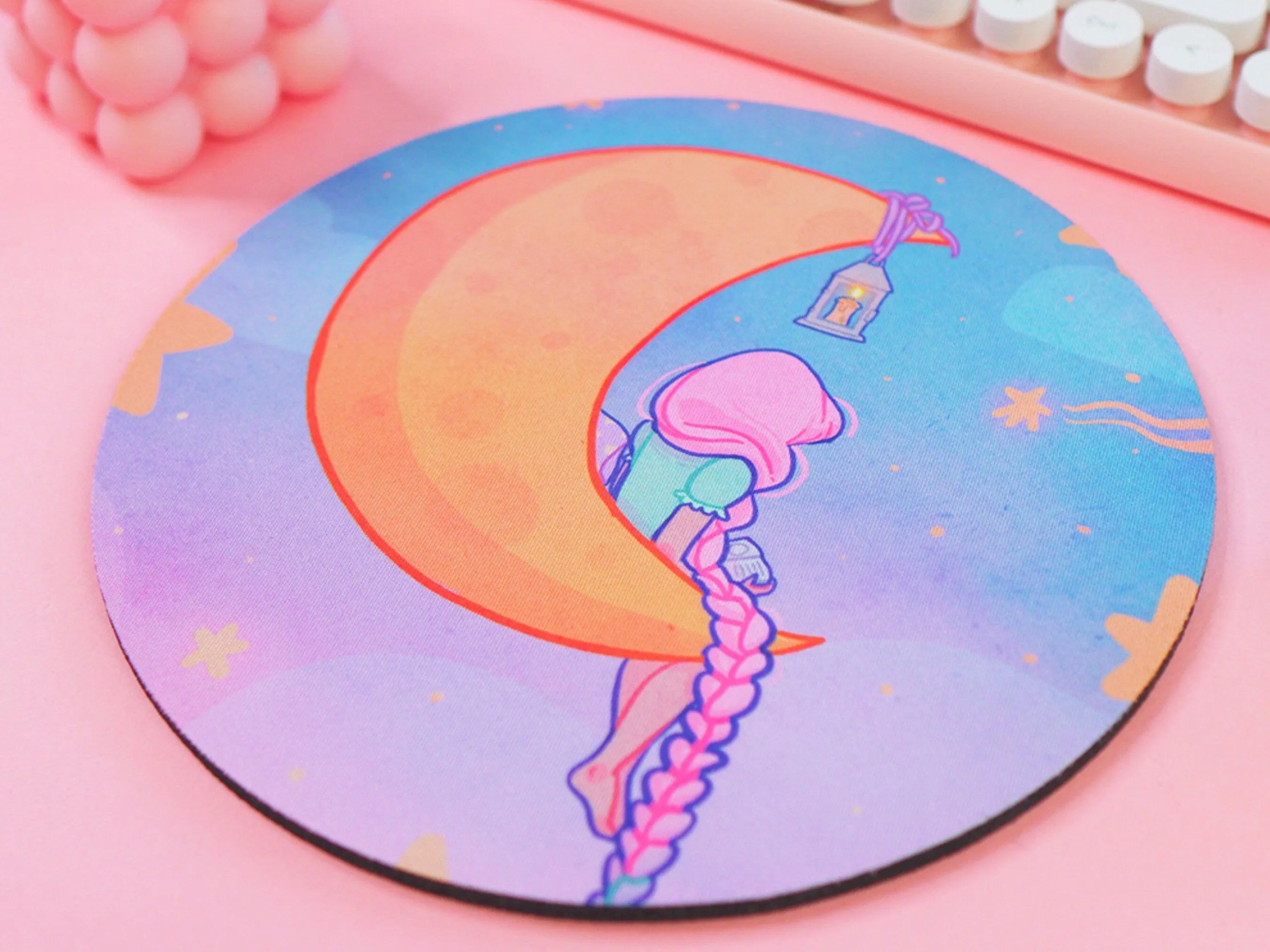Magical Girl Kawaii Mouse Mat – Pastel Crescent Moon & Stars Desk Pad | Cute Aesthetic Bookish Gaming & Office Accessory