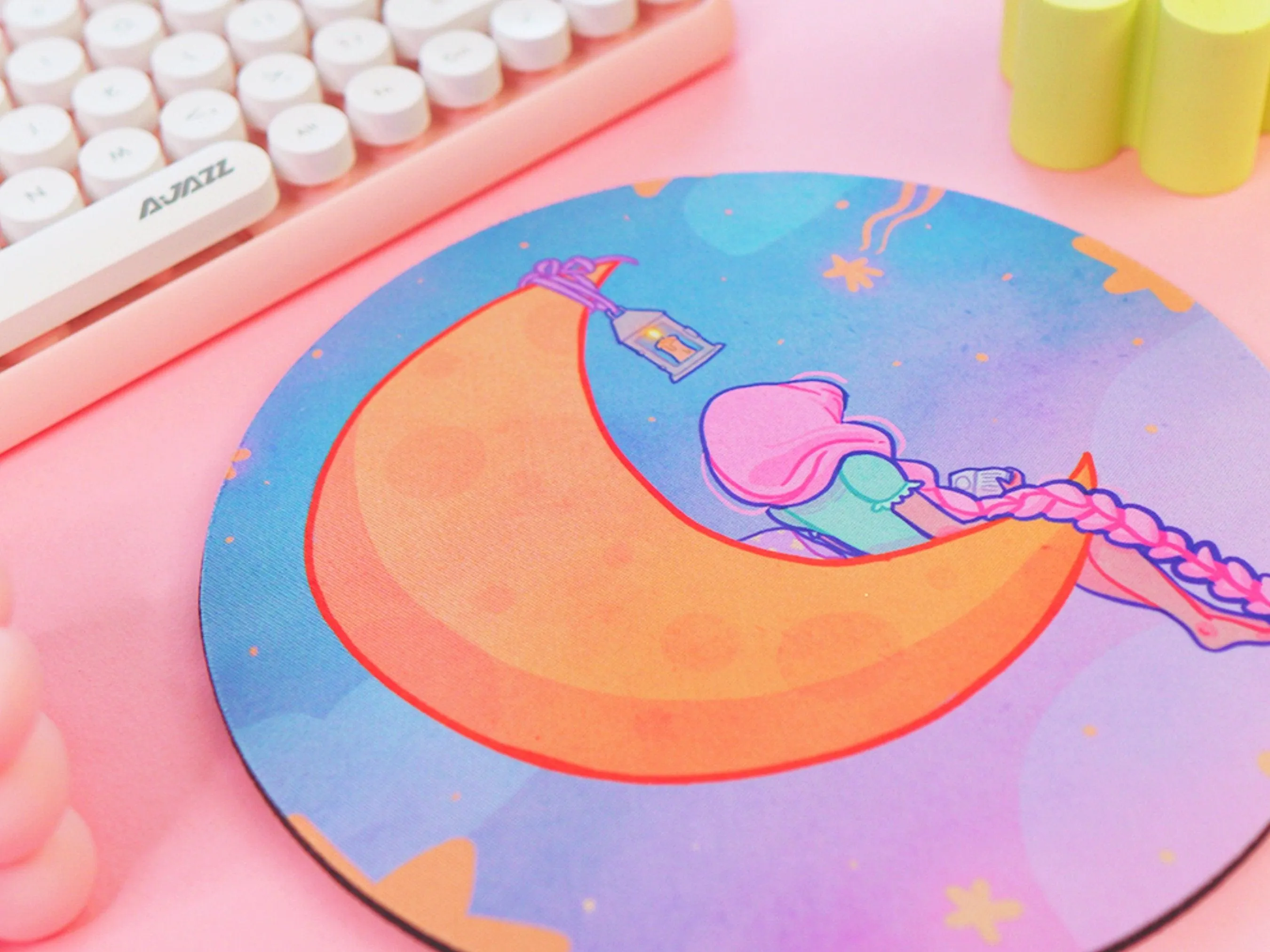 Magical Girl Kawaii Mouse Mat – Pastel Crescent Moon & Stars Desk Pad | Cute Aesthetic Bookish Gaming & Office Accessory