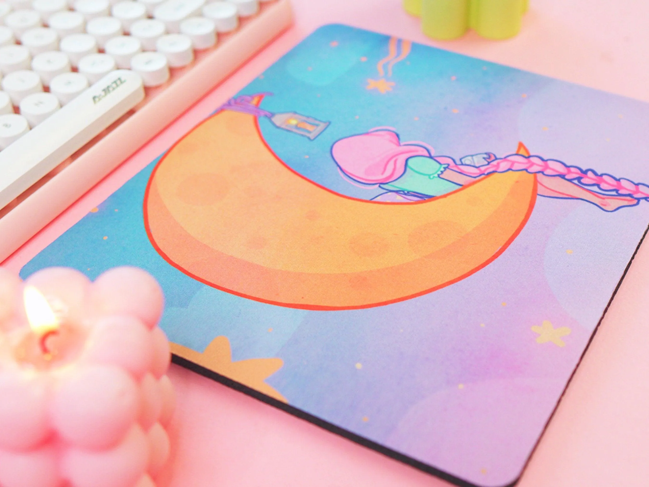 Magical Girl Kawaii Mouse Mat – Pastel Crescent Moon & Stars Desk Pad | Cute Aesthetic Bookish Gaming & Office Accessory