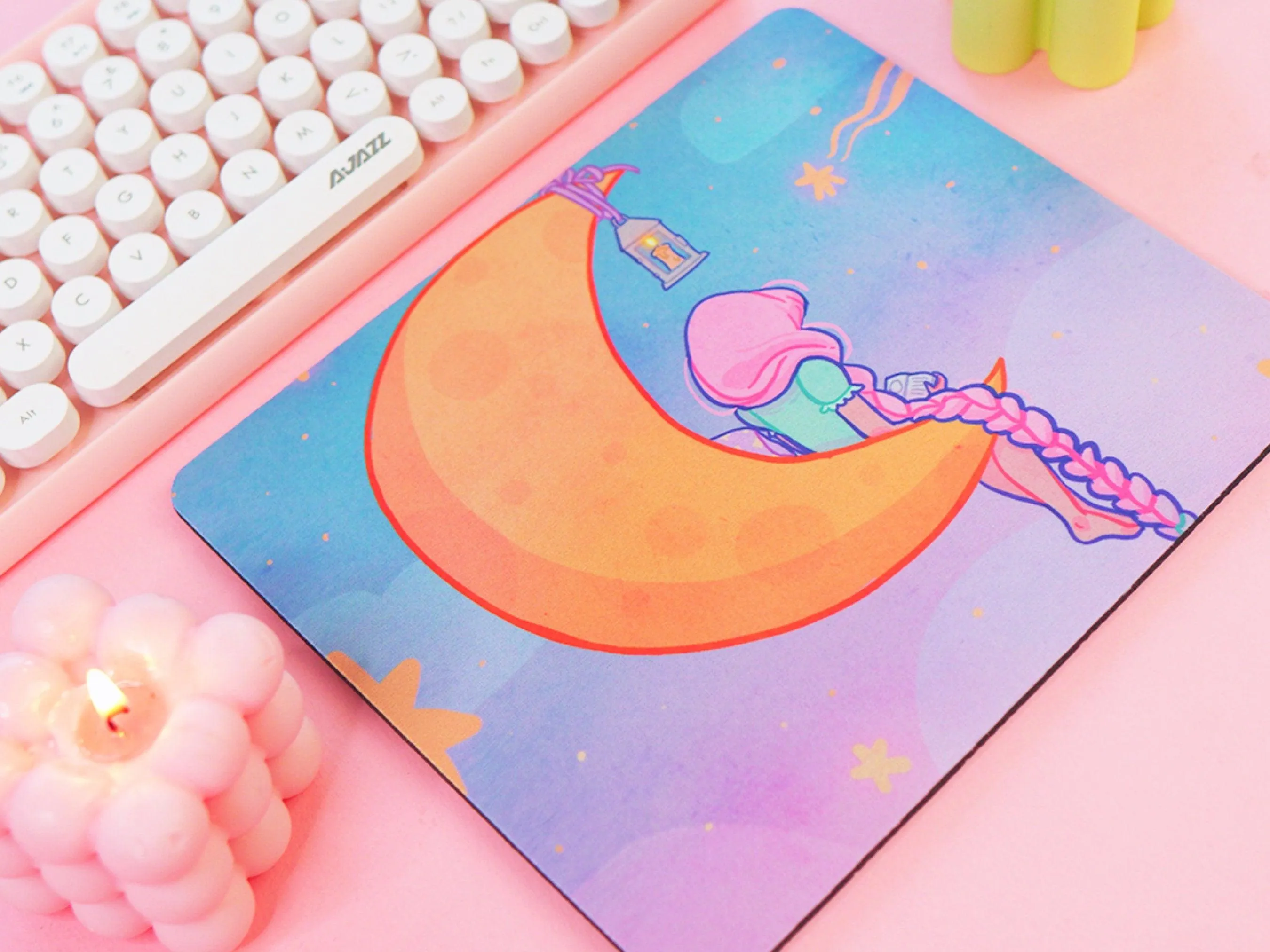 Magical Girl Kawaii Mouse Mat – Pastel Crescent Moon & Stars Desk Pad | Cute Aesthetic Bookish Gaming & Office Accessory