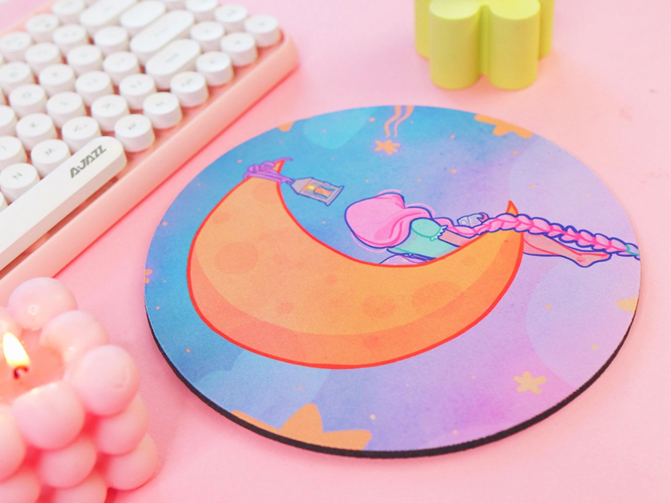 Magical Girl Kawaii Mouse Mat – Pastel Crescent Moon & Stars Desk Pad | Cute Aesthetic Bookish Gaming & Office Accessory