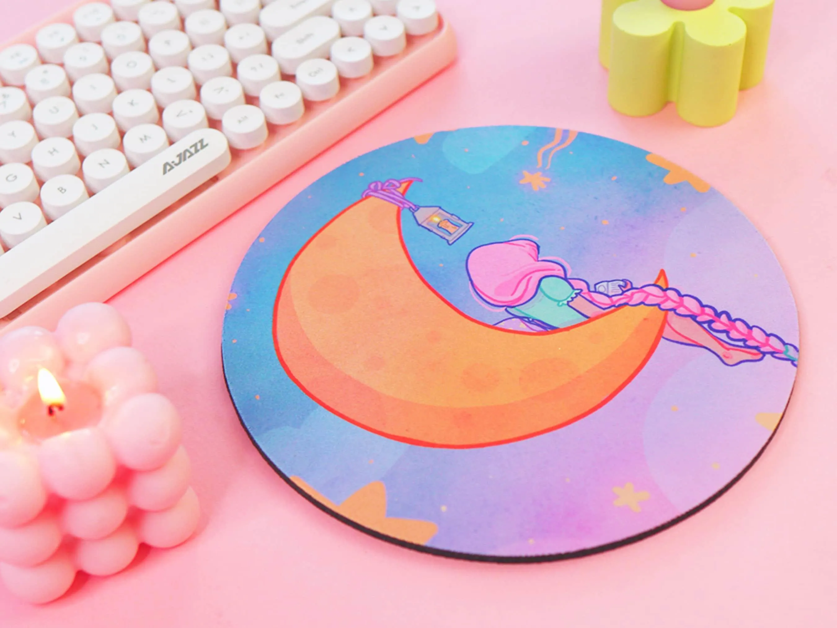 Magical Girl Kawaii Mouse Mat – Pastel Crescent Moon & Stars Desk Pad | Cute Aesthetic Bookish Gaming & Office Accessory