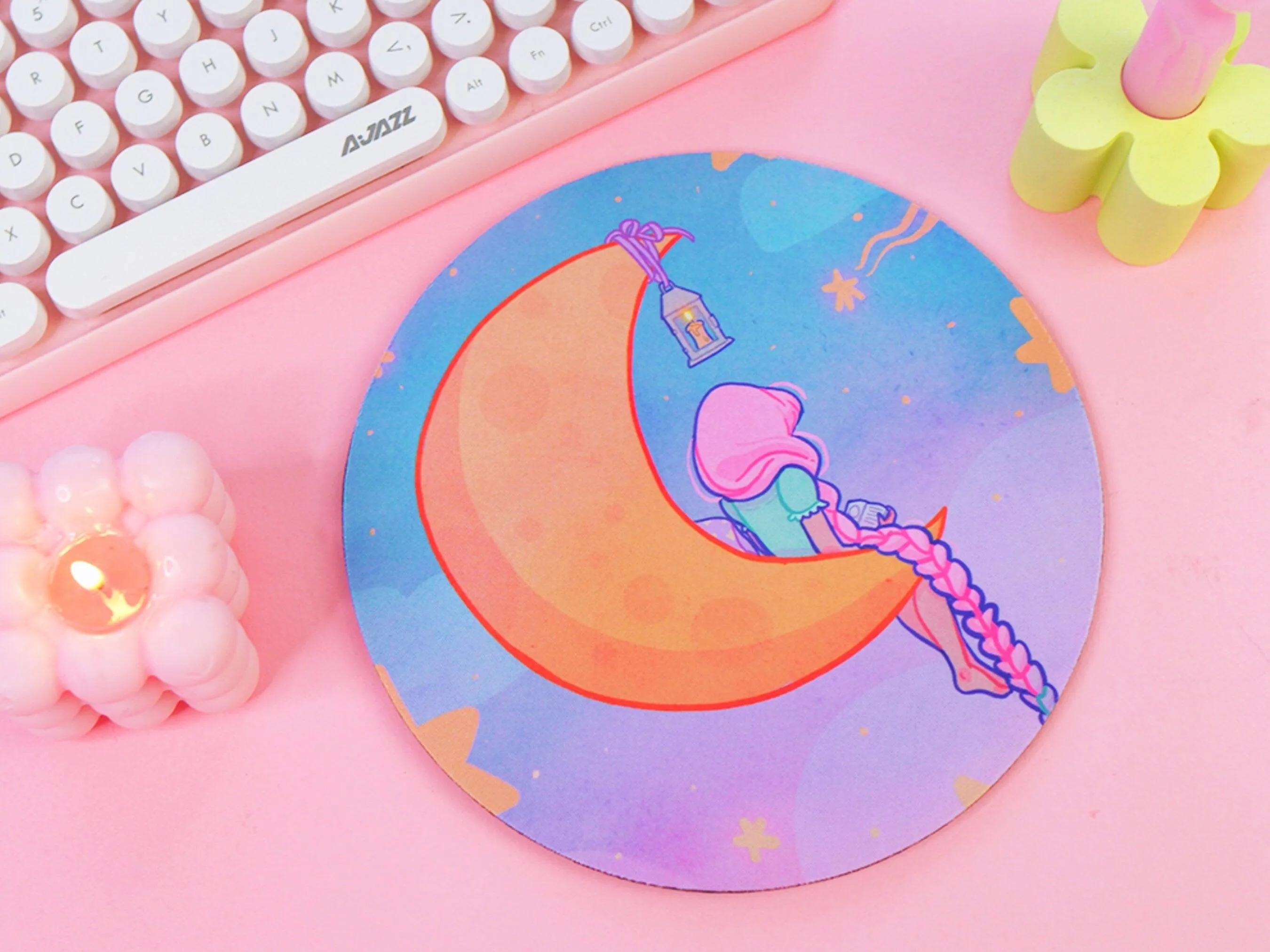 Magical Girl Kawaii Mouse Mat – Pastel Crescent Moon & Stars Desk Pad | Cute Aesthetic Bookish Gaming & Office Accessory