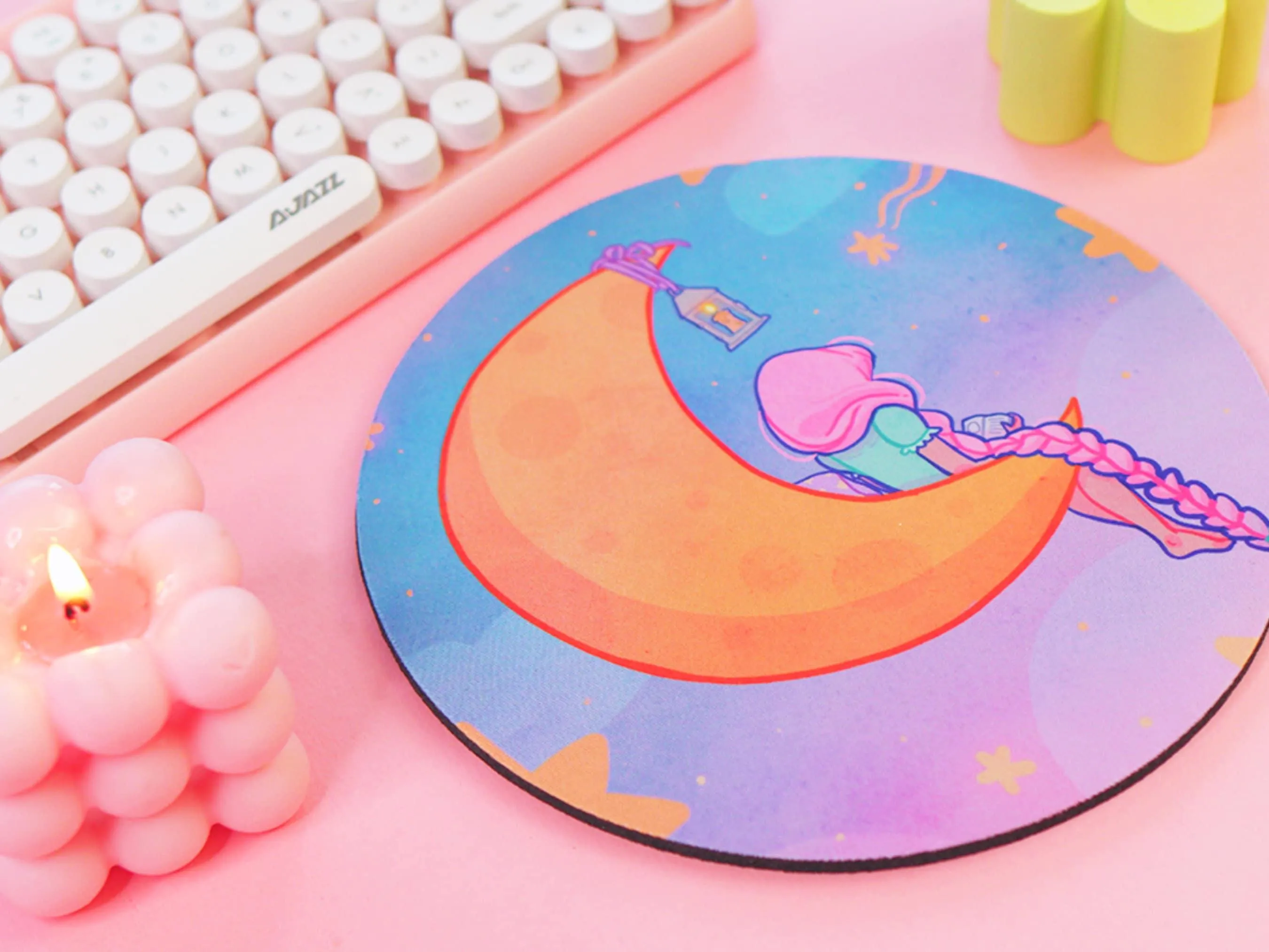 Magical Girl Kawaii Mouse Mat – Pastel Crescent Moon & Stars Desk Pad | Cute Aesthetic Bookish Gaming & Office Accessory