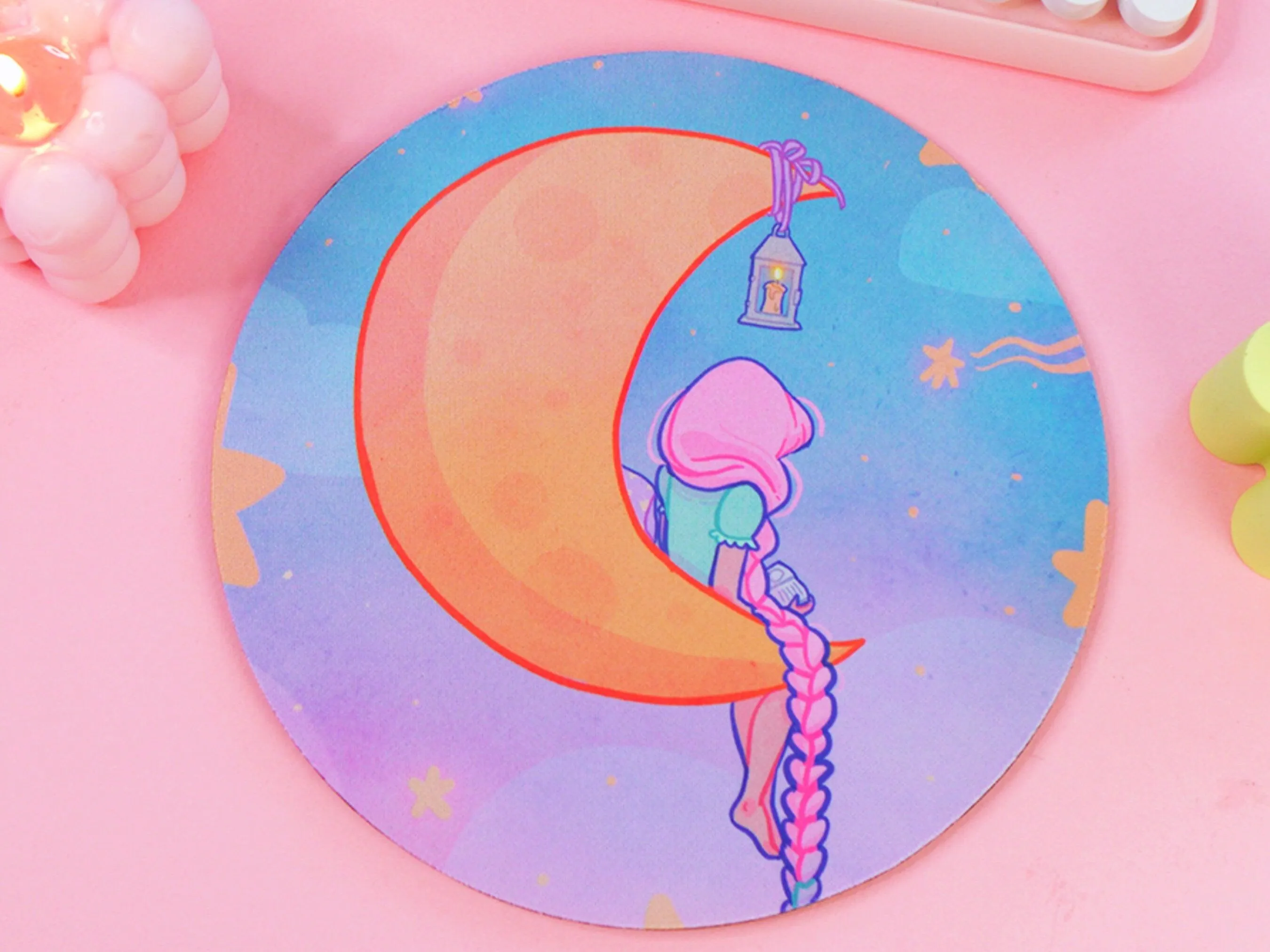 Magical Girl Kawaii Mouse Mat – Pastel Crescent Moon & Stars Desk Pad | Cute Aesthetic Bookish Gaming & Office Accessory