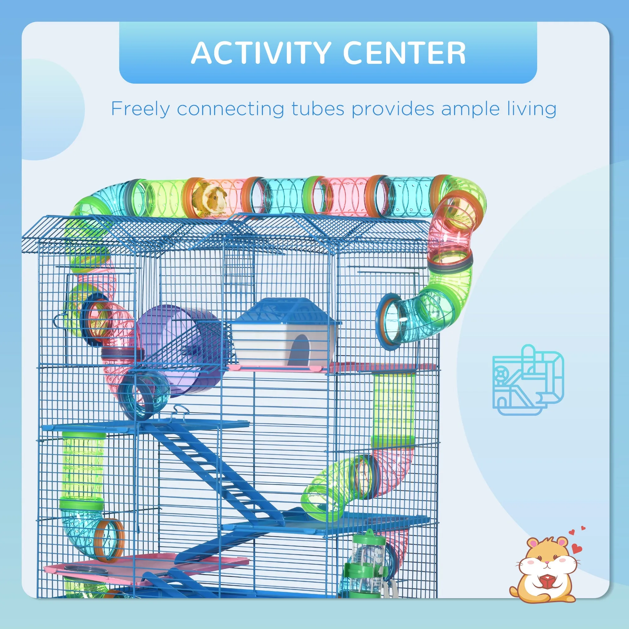 PawHut 5 Tier Hamster Cage Carrier Habitat with Exercise Wheels Tunnel Tube Water Bottle Dishes House Ladder for Dwarf Mice, Blue