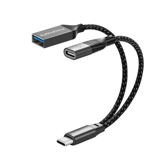 PROMATE OTG Media Adapter with with USB-C Input. Includes USB-A and USB-C Ports. 30W Charging. Data Transfer Speed up to 480Mps. Hgh Grade PVC Construction. Plug and Play