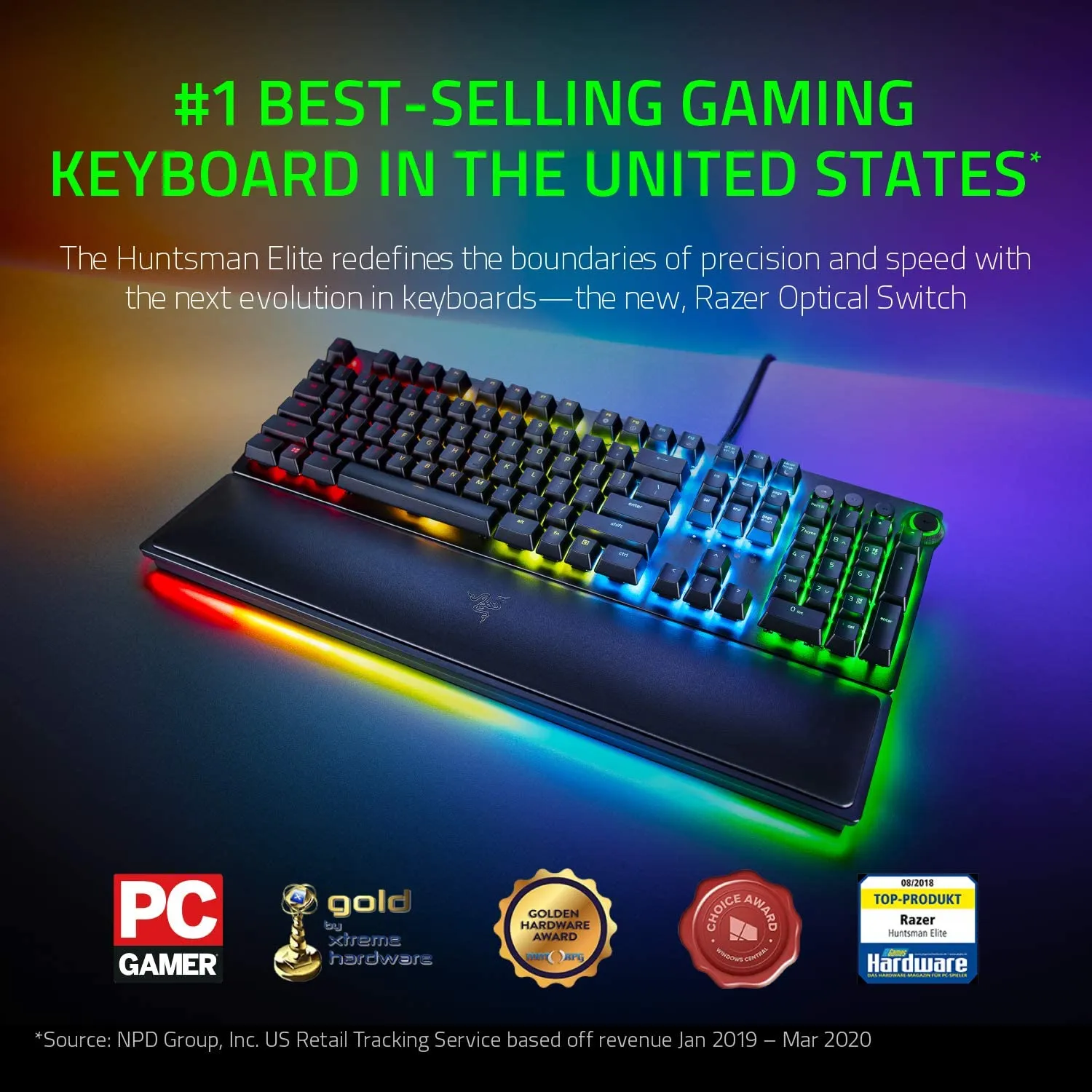 Razer Keyboard Huntsman Elite Gaming Keyboard: Fastest Keyboard Switches Ever - Clicky Optical Switches - Chroma RGB Lighting - Magnetic Plush Wrist Rest - Dedicated Media Keys & Dial Purple Switch - (Classic Black)