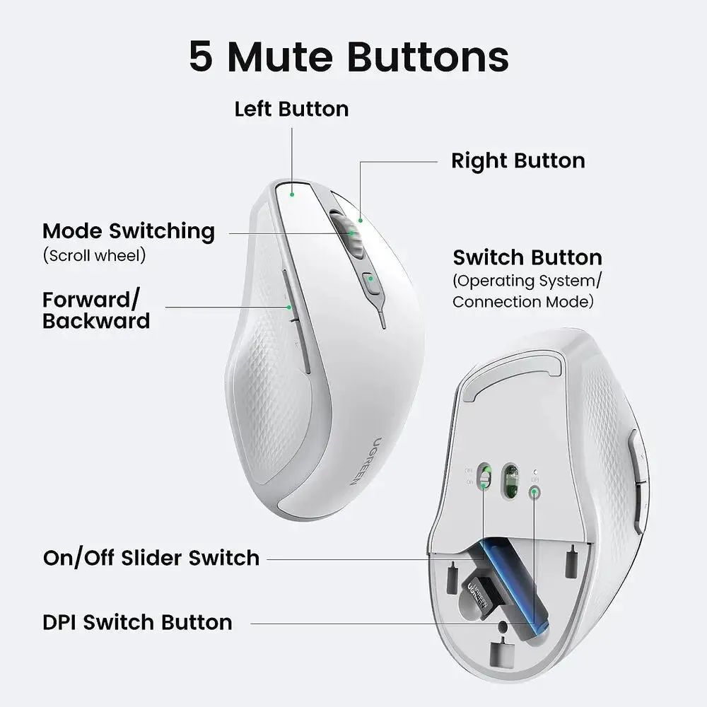 UGREEN 15805 Ergonomic Wireless BT 5.0 / 2.4G 4000Dpi Mouse (White Gray)