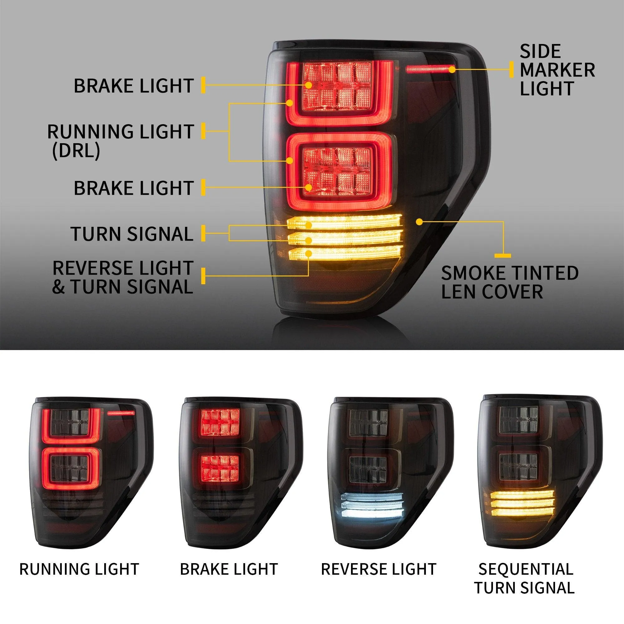 VLAND Full LED Tail Lights For Ford F150 2009-2014 Amber/Red Turn Signal [DOT.]