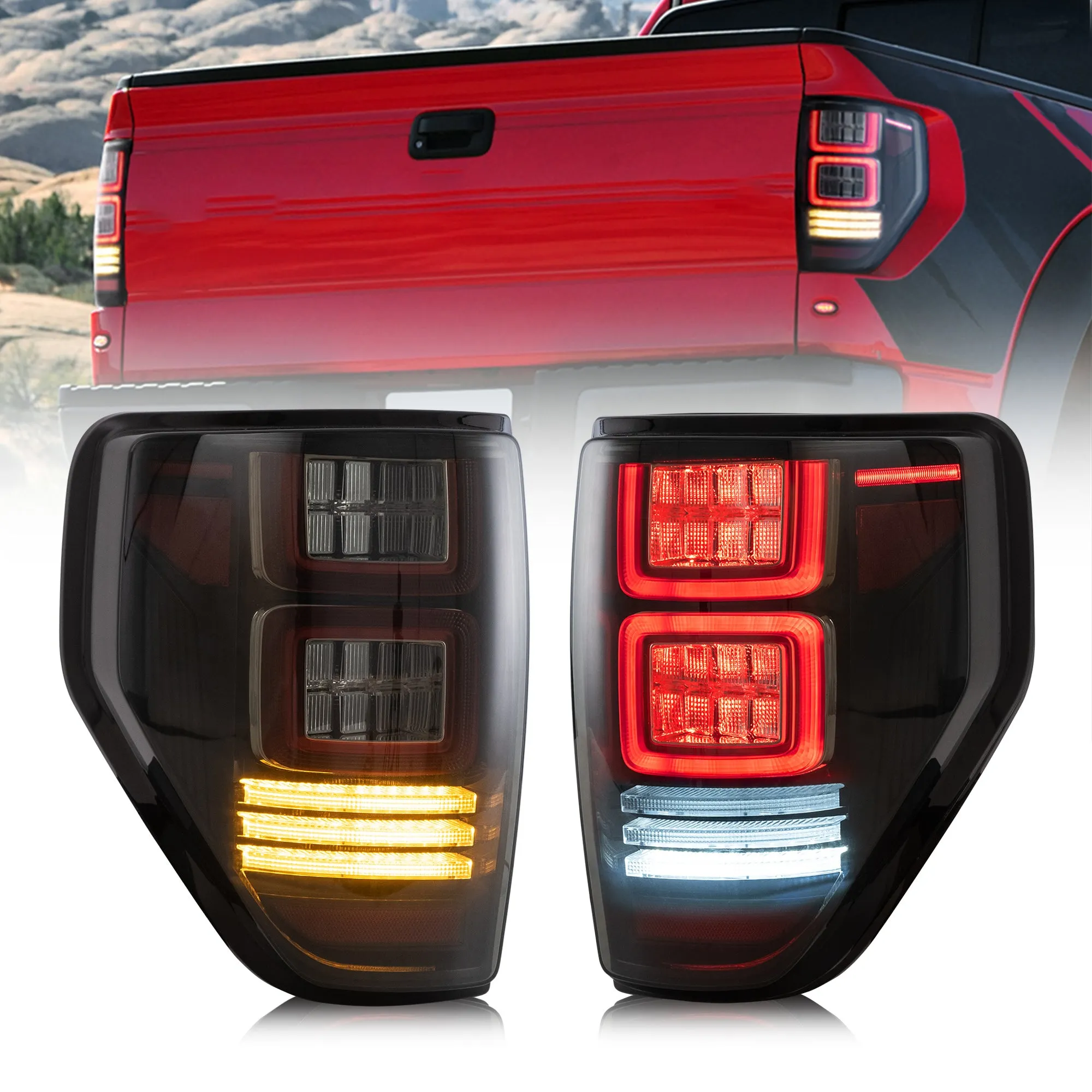 VLAND Full LED Tail Lights For Ford F150 2009-2014 Amber/Red Turn Signal [DOT.]