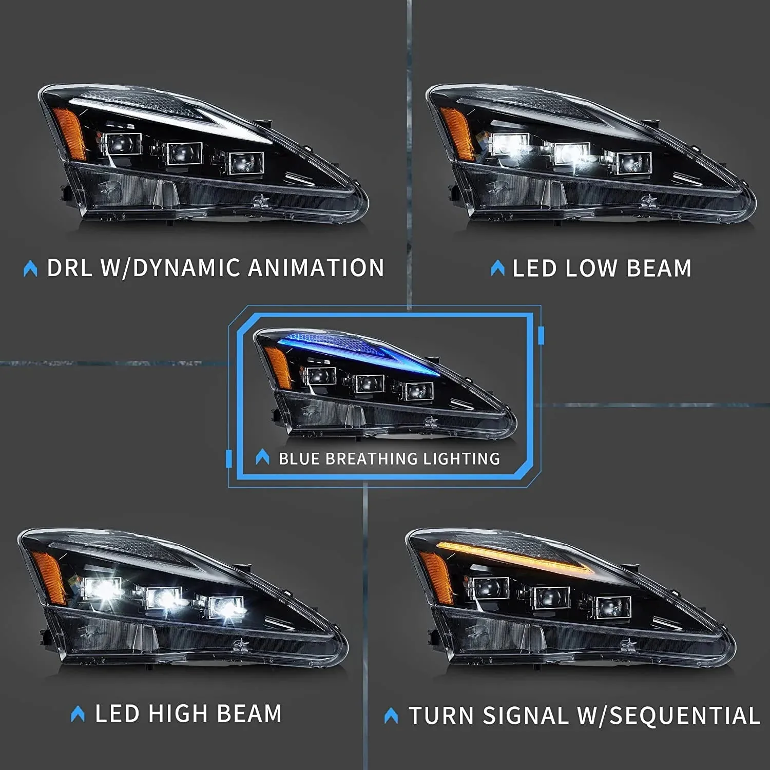 VLAND Headlights and Taillights For Lexus IS250/IS350 2006-2012 ISF 2008-2014 With Blue Breathing Animation